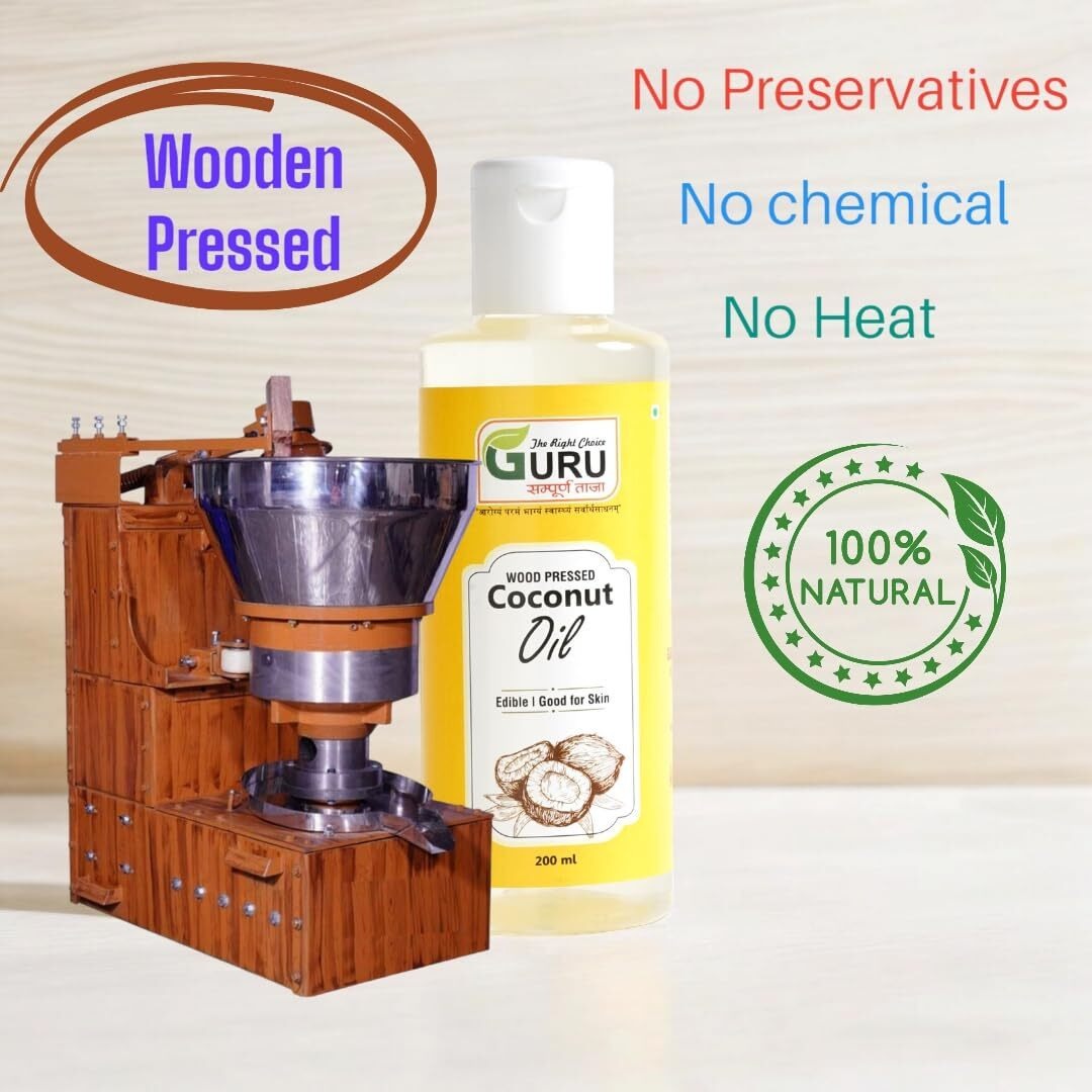 GURU Wood Pressed Coconut Oil - 400 ml | Kolhu/Kacchi Ghani | Natural | Chemical-Free | A1 grade real | Wood Pressed | Cold Pressed Coconut Oil for Cooking & Multipurpose Usage