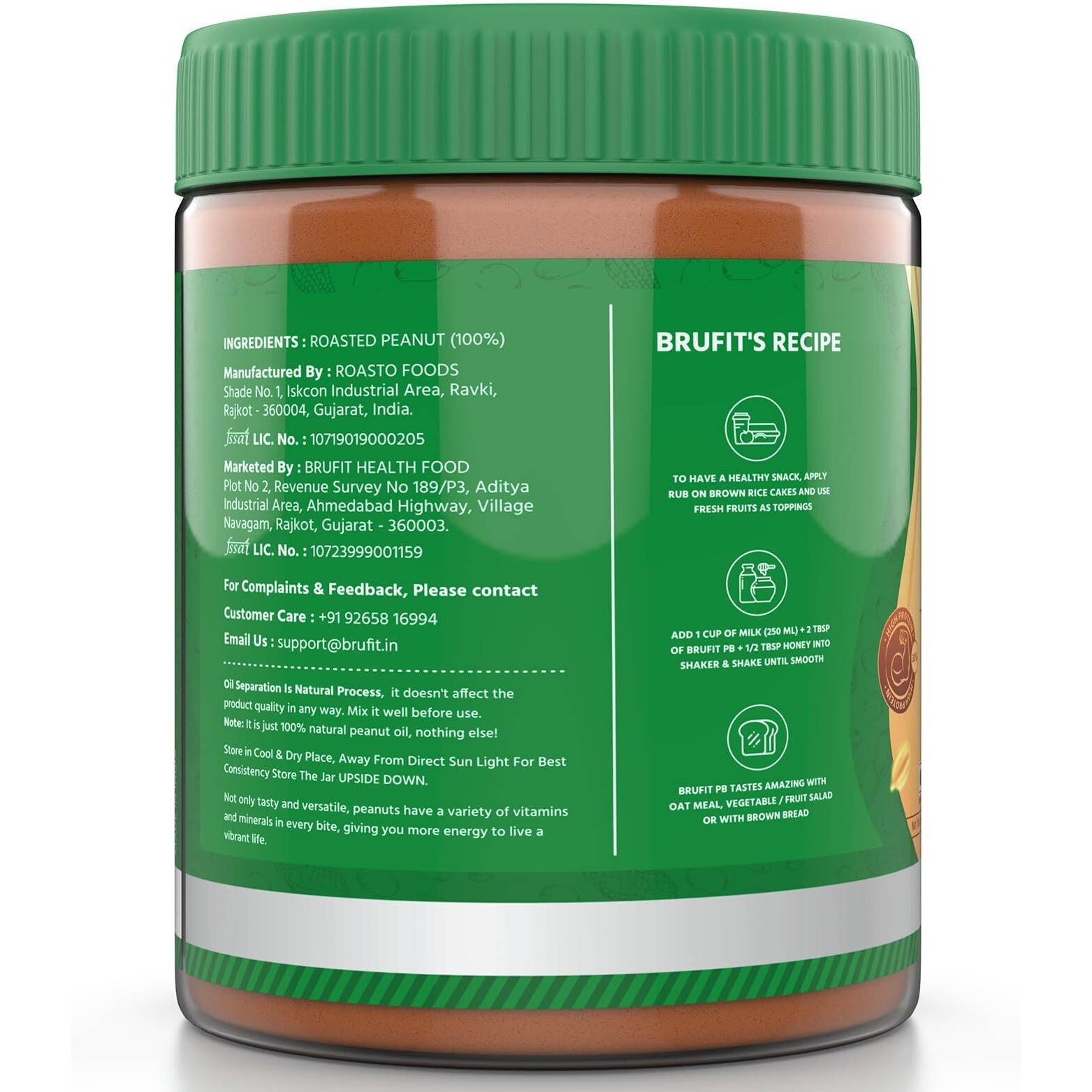 BruFit Natural Peanut Butter | 30g Protein | Unsweetened Healthy Nut Butter Spread with NO added Sugar | No-Cholesterol & Gluten | Zero Tans Fat | Creamy Peanut Butter (420 g)