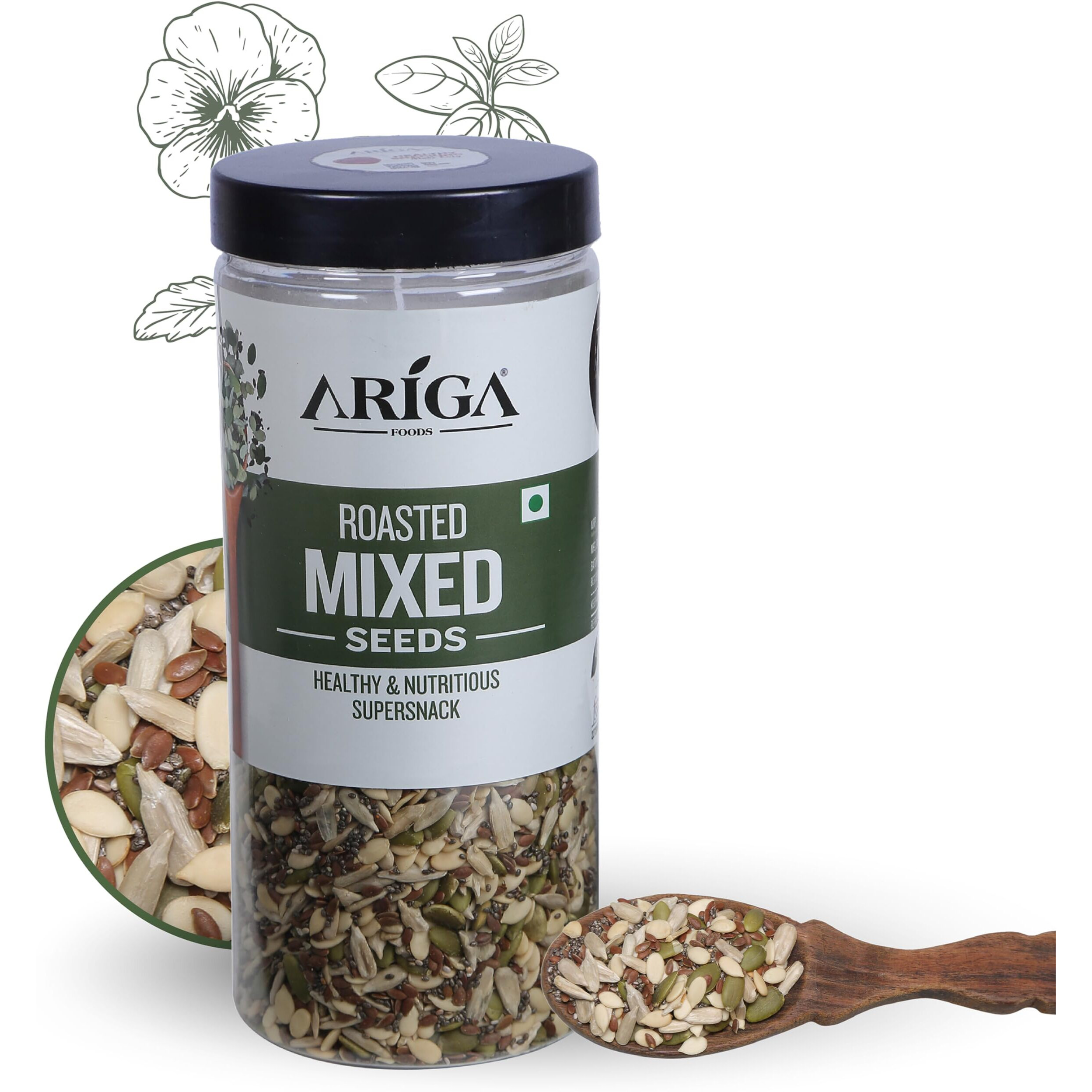 Ariga Foods 5 in 1 Super Seeds Mix- Pumpkin, Flax, Chia, Watermelon and Sunflower Mixed Seeds for Weight Loss in Pet Jar Value Pack (500g) | Vitamins & Minerals Rich | Healthy Diet Food