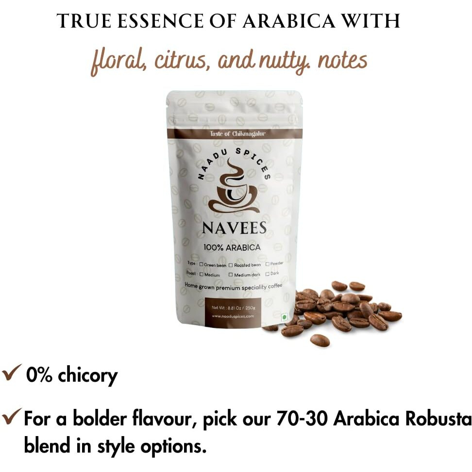 Navees coffee | South Indian Filter coffee | 100 percent pure Arabica Coffee Powder | Medium fine grind | Single Origin | Medium-dark roast | 0% chicory | Delivered straight from our Farm | 250 gm