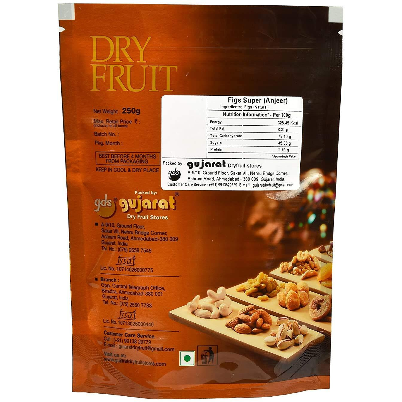 Gujarat Dry Fruit Stores Premium Dried Figs (Anjeer), 250 Grams, Rich source of Fibre, Vitamins & Iron, Low in calories and Fat Free, Non-GMO Fresh Dried Figs, Medium Size