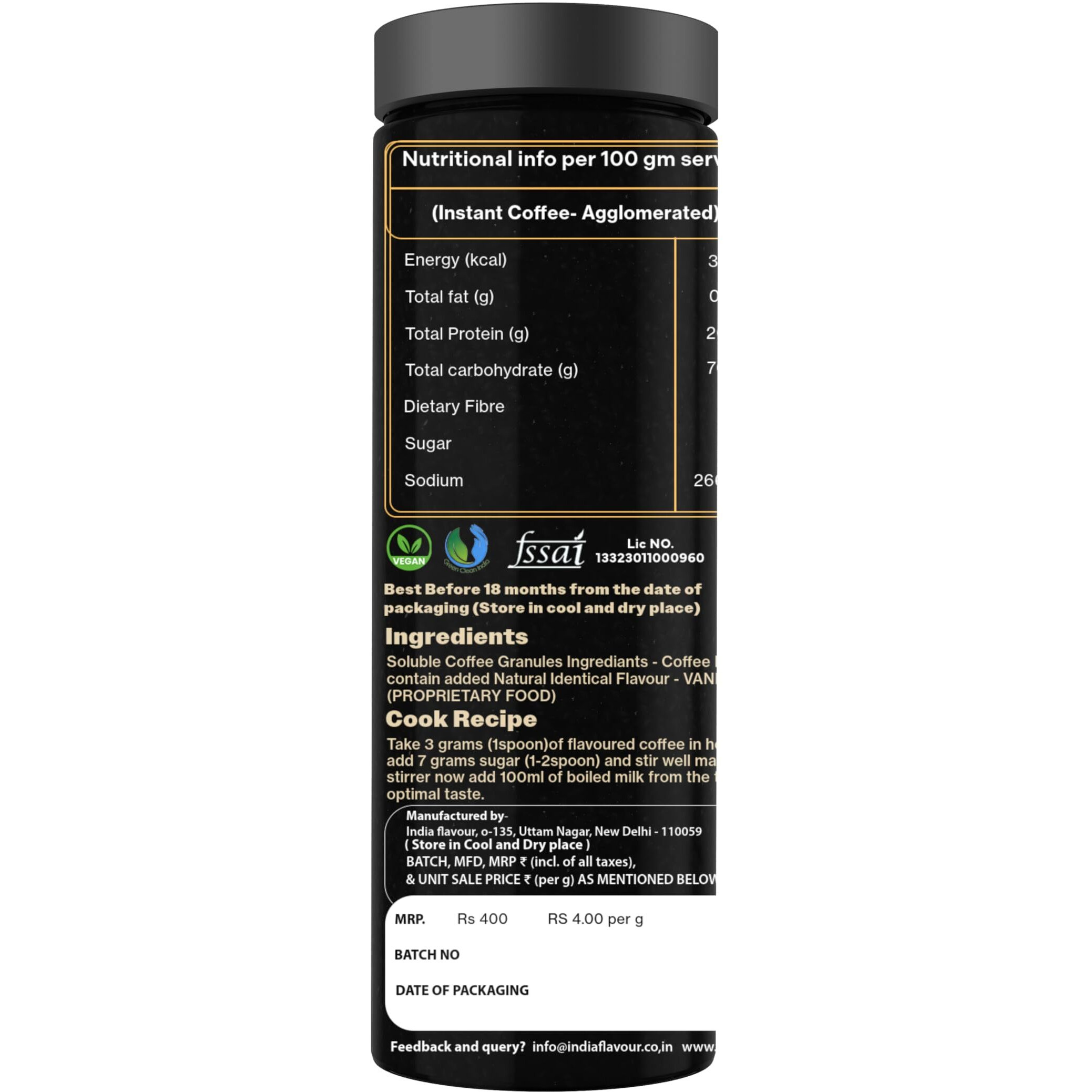 India Flavor Vanilla Coffee | Smooth Instant Coffee Powder, No Chicory | 200 gm coffee, 50 Servings