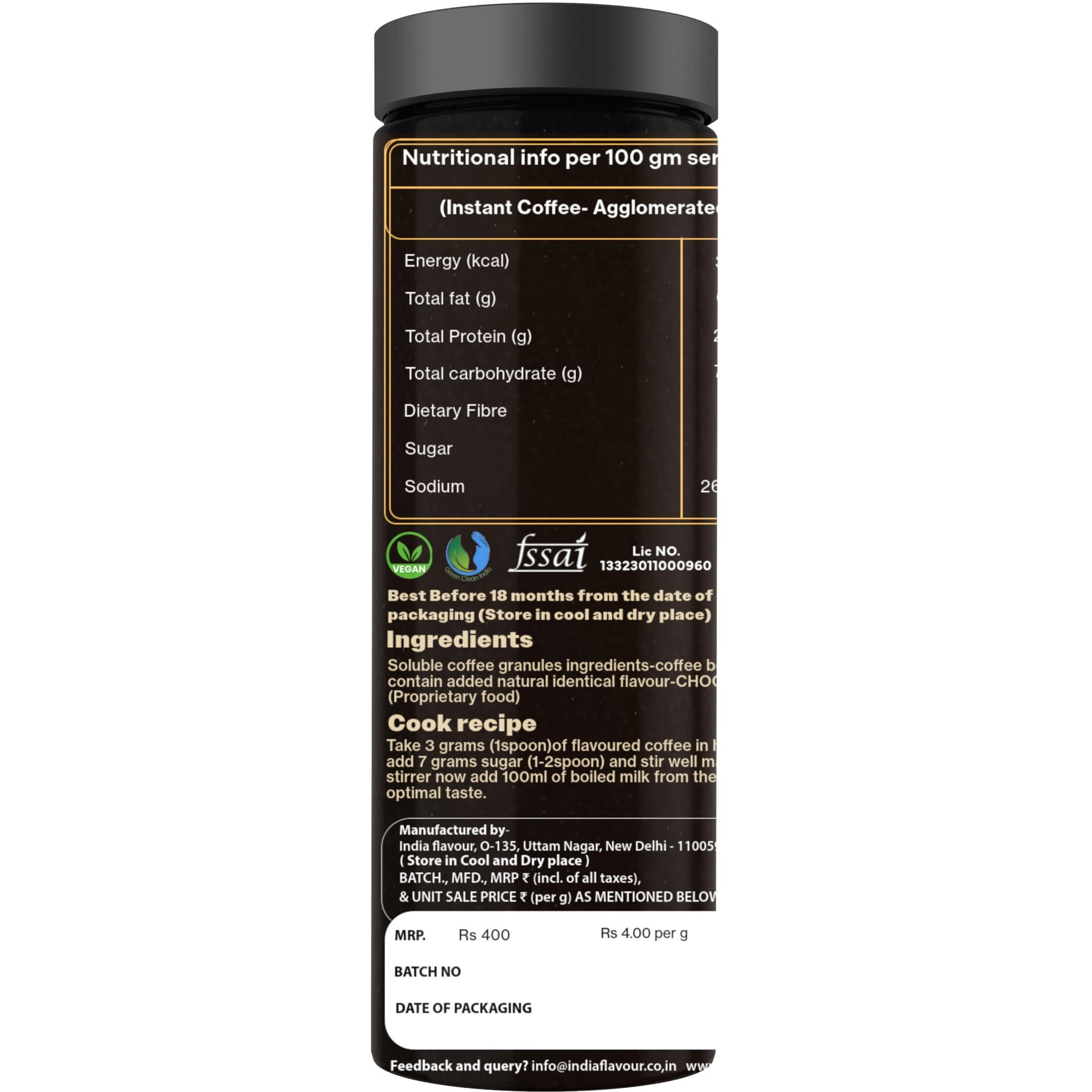 India Flavor Chocolate Mocha | Strong Instant Coffee Powder, No Chicory | 200 gm coffee, 100 Servings