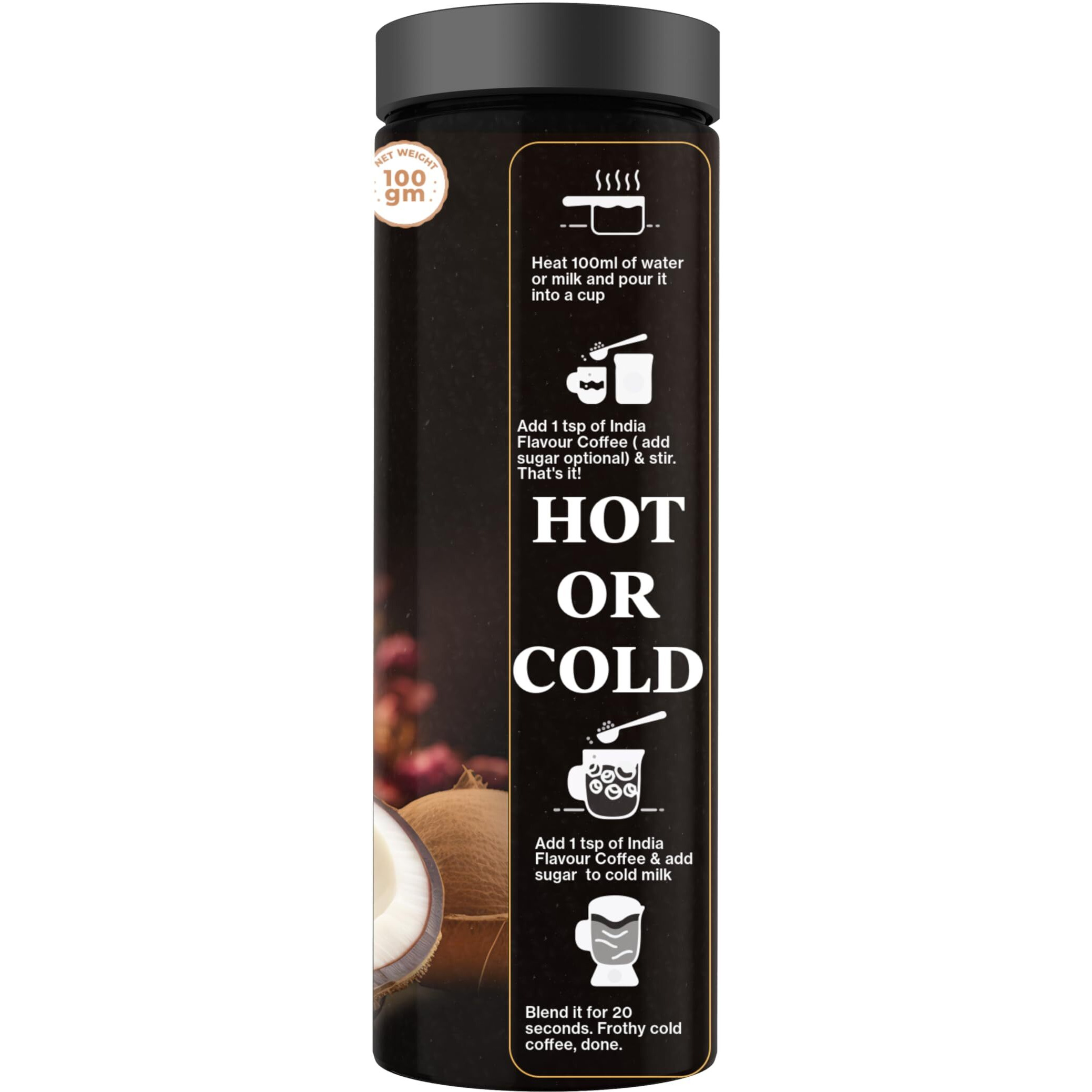 India Flavor Coconut Coffee | Exotic Instant Coffee Powder, No Chicory | 200 gm coffee, 50 Servings