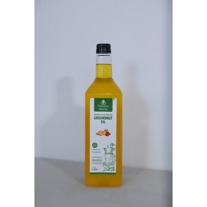 Parampara Naturals Groundnut Oil Wood Pressed Unrefined Edible for Cooking Cold Pressed Mungfalli Tel Pure & Natural Kacchi Ghani/Chekku Sing Tel Wooden Churner Extraction 2 Litre