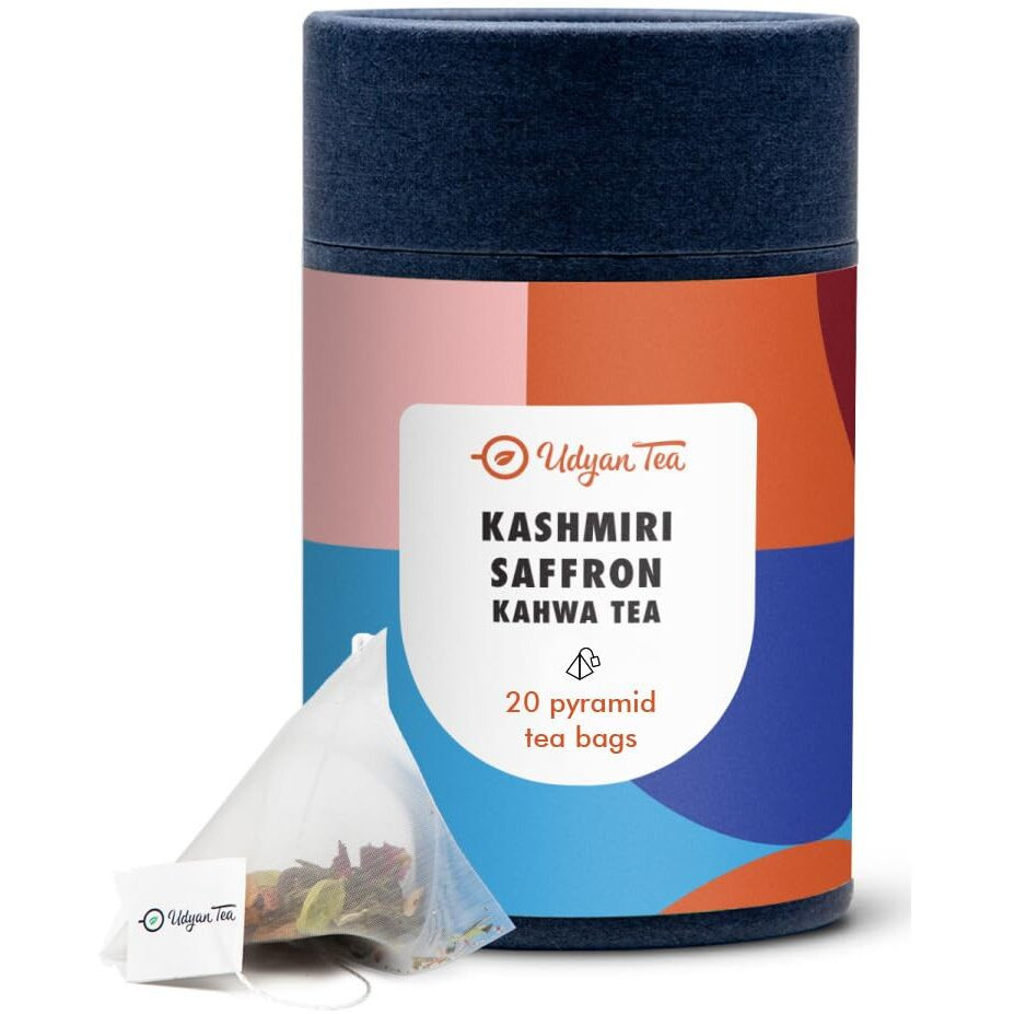Udyan Tea Kashmiri Kahwa Green Tea Bags, 20 Pyramid Tea Bags | 100% Natural Whole Leaf Tea with Herbs & Spices