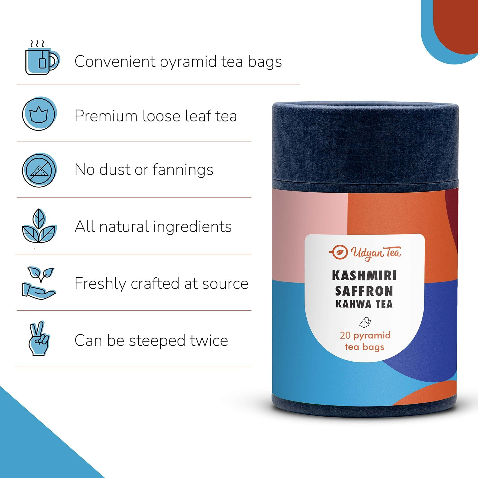 Udyan Tea Kashmiri Kahwa Green Tea Bags, 20 Pyramid Tea Bags | 100% Natural Whole Leaf Tea with Herbs & Spices