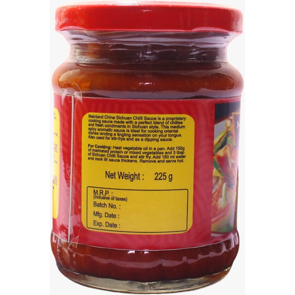 Mainland China Sichuan Chilli Sauce | Dip, Cook, Marinate, Spread & Stir Fry | Eat with Noodles, Fried Rice, Momos, Pizza, Pasta and Hot Snacks | Best Red Chilli & Green Chilli Sauce Replacement | Gluten Free | 100% Vegan | Natural Ingredients | 225 gms | Pack of 1