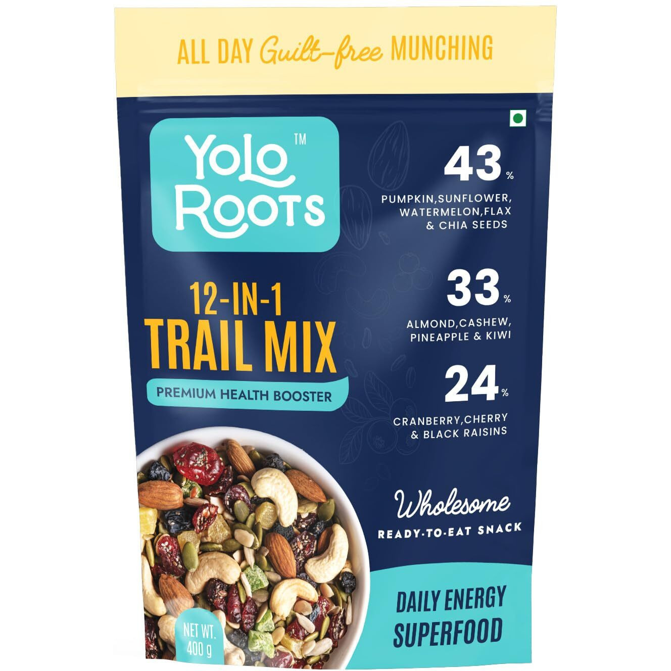 Yolo Roots Roasted 12-IN-1 SuperHealthy Trail Mix 400gm| Dry Fruit Nutmix with Seeds, Berries for Eating | 12+ Varieties - Almonds, Cashews, Cranberries, Pumpkin Watermelon Sunflower & Chia Seeds