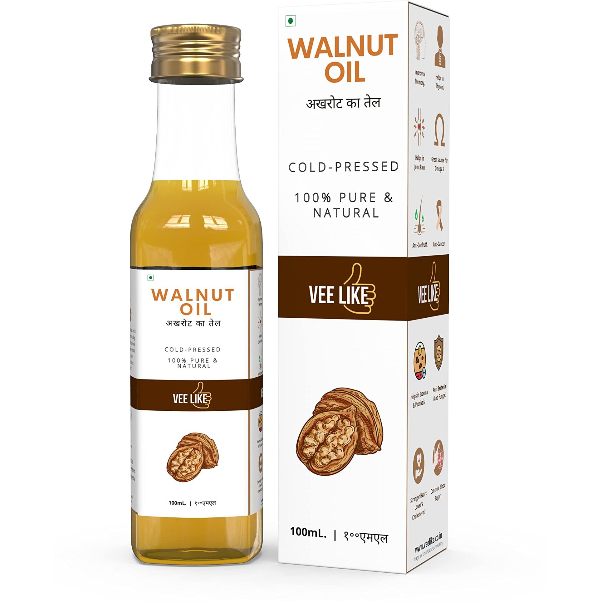 VEE LIKE - Extra Virgin - Walnut Oil/Akhrot Tel - Cold Pressed - 100% Pure & Natural - For Cooking - Eating - Skin - Hair - Massage - 100 mL.
