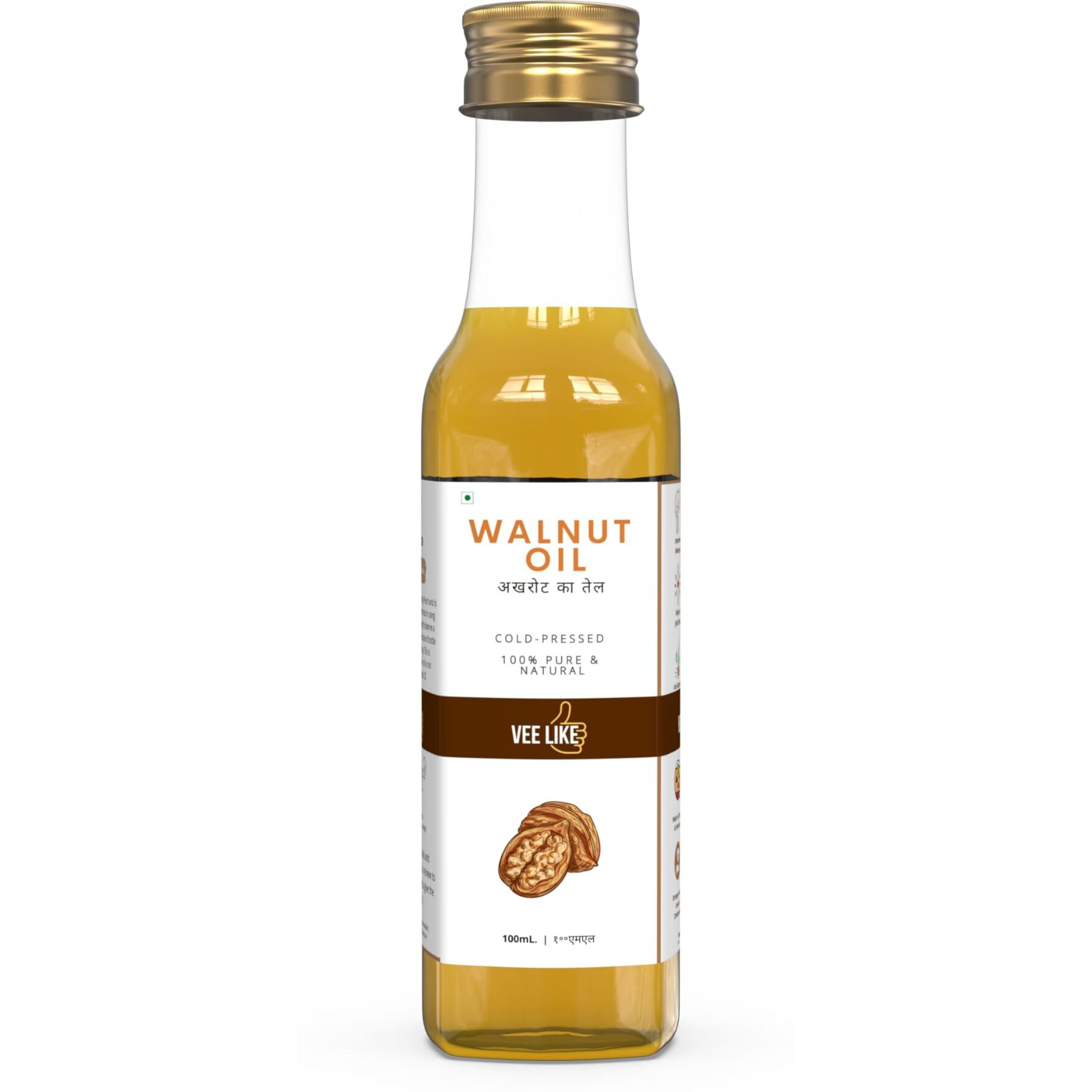 VEE LIKE - Extra Virgin - Walnut Oil/Akhrot Tel - Cold Pressed - 100% Pure & Natural - For Cooking - Eating - Skin - Hair - Massage - 100 mL.