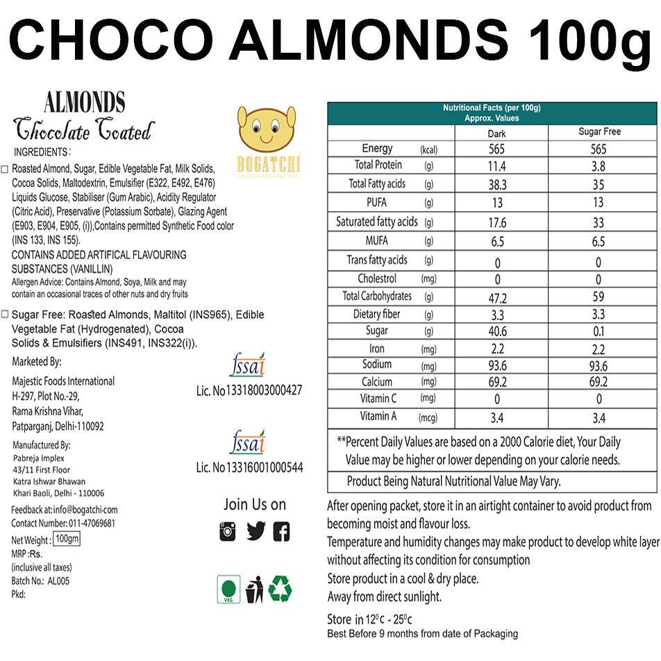 BOGATCHI Sugar Free Chocolate Coated Almonds, 100g | Without Sugar | Suitable for People with Diabetes | Gift for No Sugar Lovers
