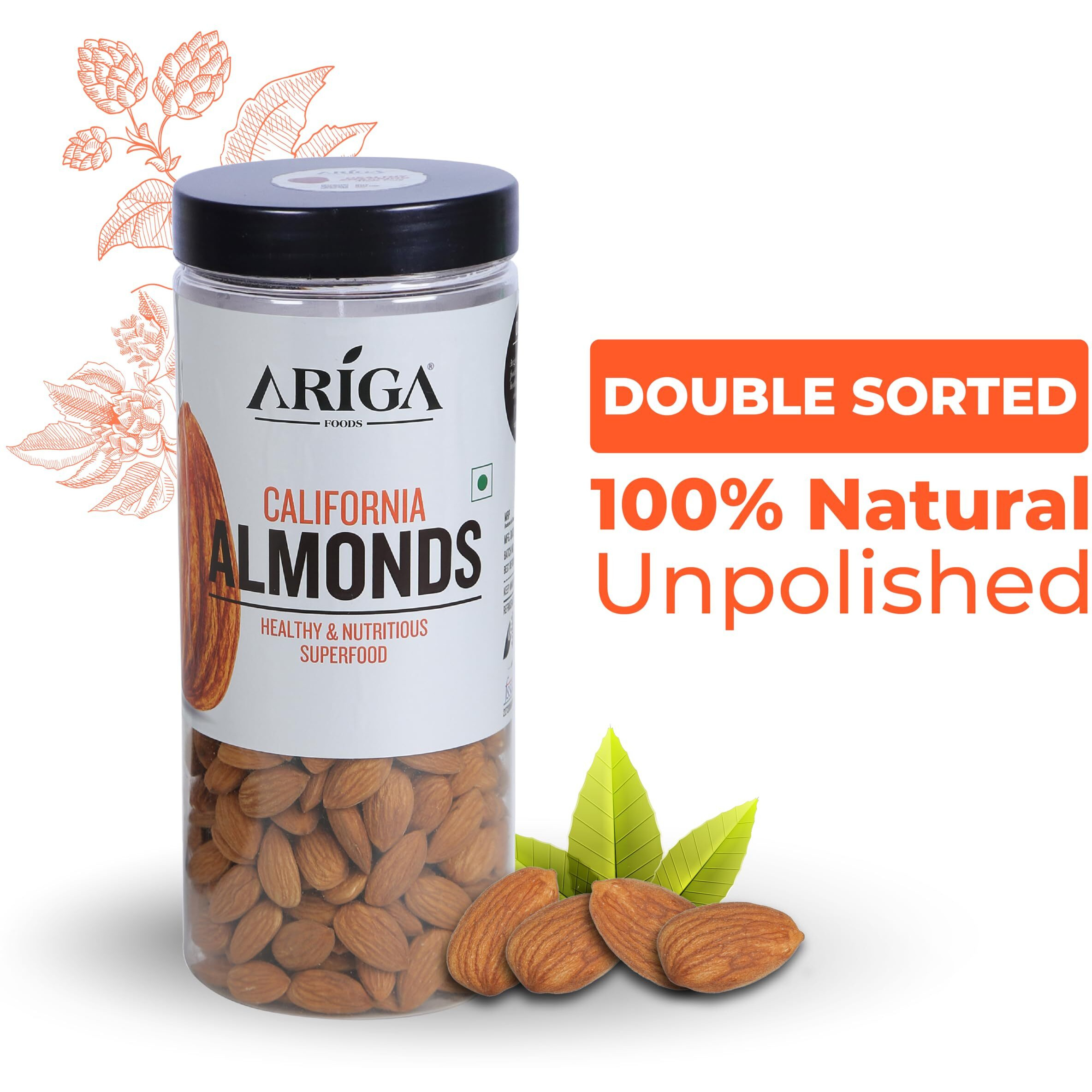 Ariga Food Natural Premium California Almonds | Dry Fruits | Pure Quality Badam Giri 500g Jar Pack | Badam - Bold Size Rich in Protein and Increase Stamina | Real Nuts | Whole Natural Badam Dry Fruits