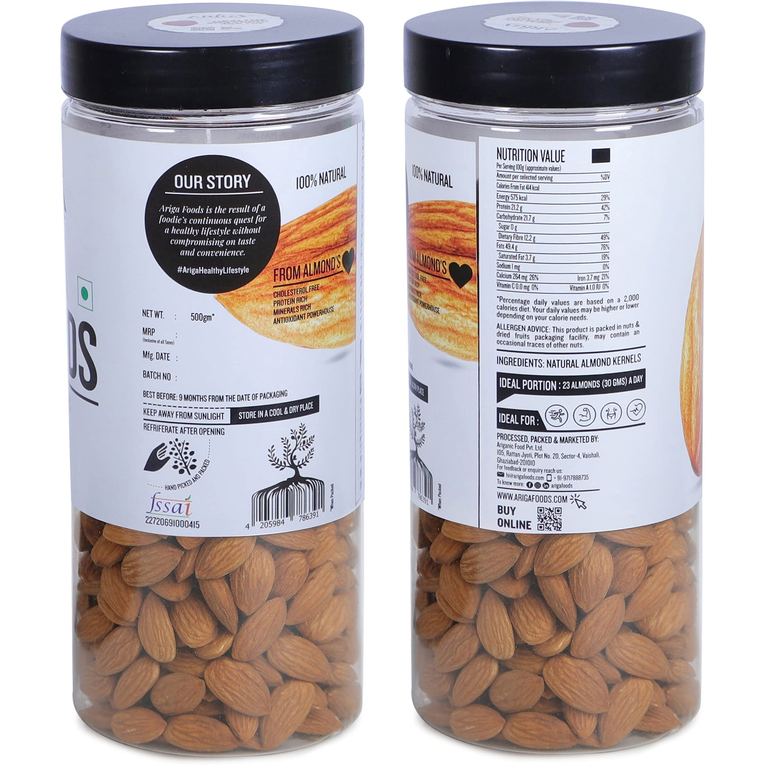 Ariga Food Natural Premium California Almonds | Dry Fruits | Pure Quality Badam Giri 500g Jar Pack | Badam - Bold Size Rich in Protein and Increase Stamina | Real Nuts | Whole Natural Badam Dry Fruits