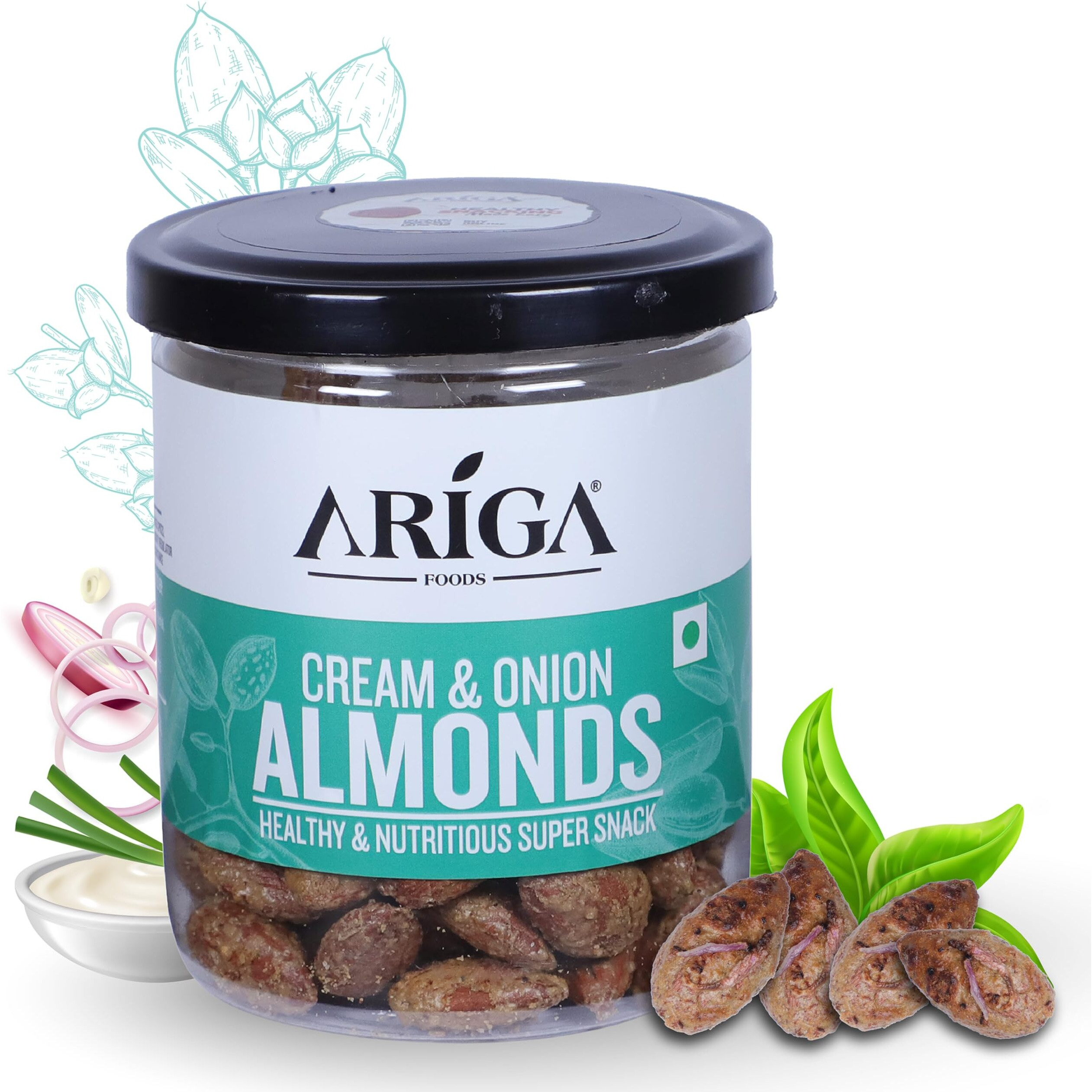 Ariga Foods Roasted Almonds Cream & Onion Flavoured Badam - Bold Size Rich in Protein and Increase Stamina | Real Nuts | Whole Natural Badam Dry Fruits (Pet Can 200g)
