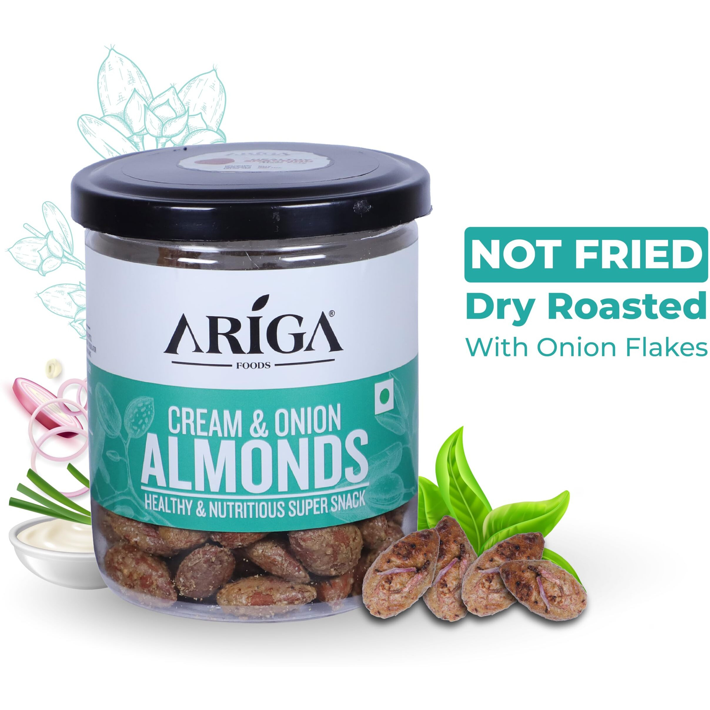 Ariga Foods Roasted Almonds Cream & Onion Flavoured Badam - Bold Size Rich in Protein and Increase Stamina | Real Nuts | Whole Natural Badam Dry Fruits (Pet Can 200g)