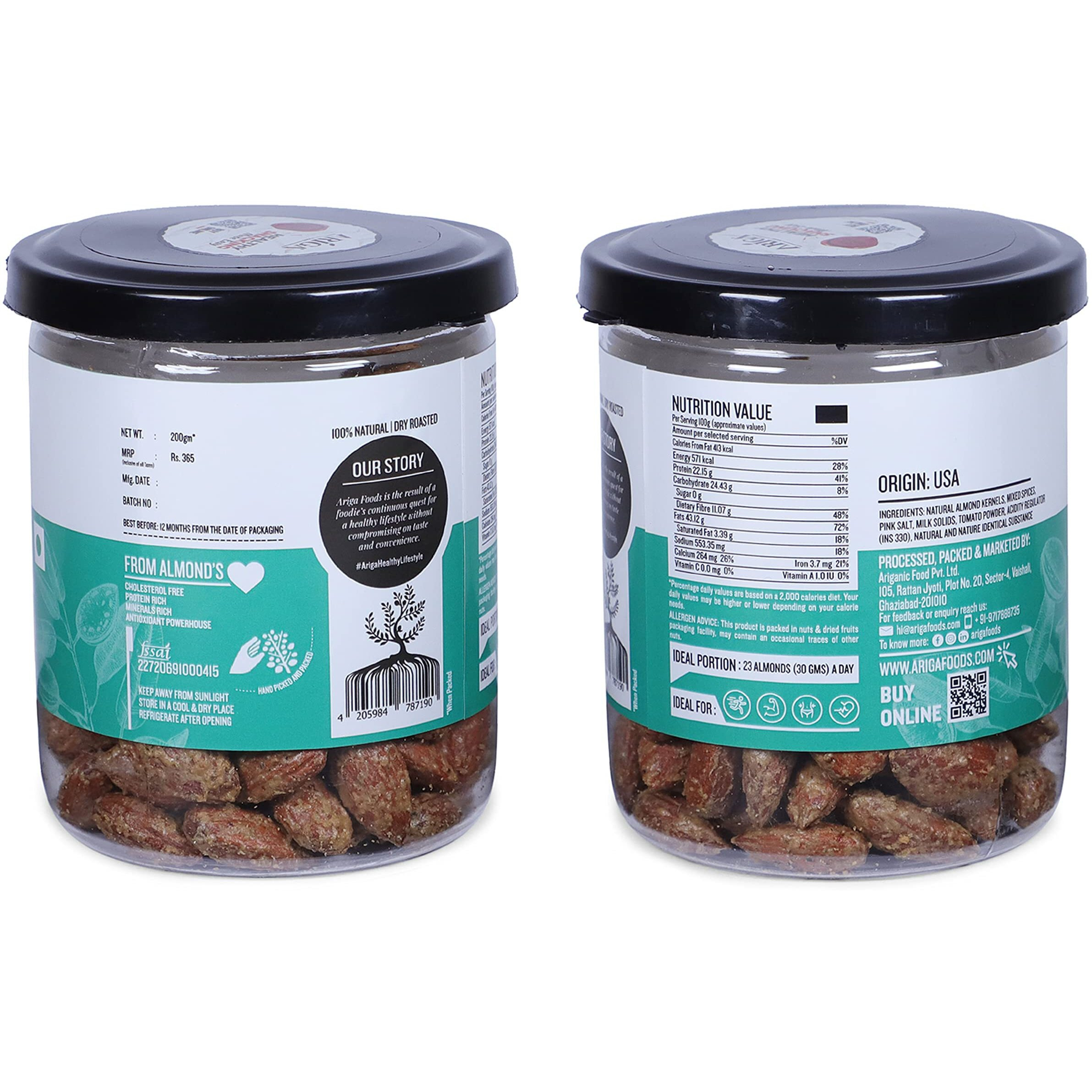 Ariga Foods Roasted Almonds Cream & Onion Flavoured Badam - Bold Size Rich in Protein and Increase Stamina | Real Nuts | Whole Natural Badam Dry Fruits (Pet Can 200g)