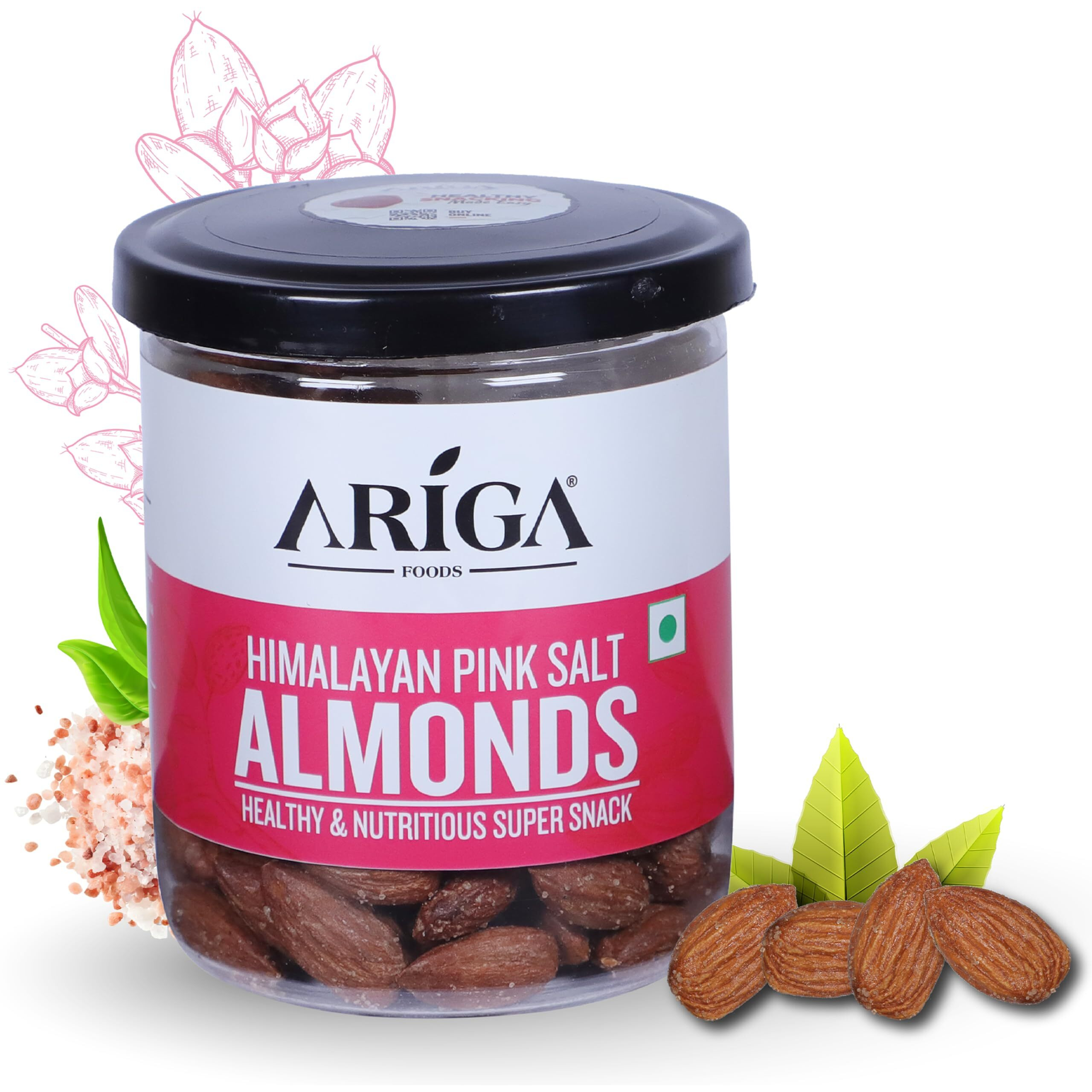 Ariga Foods Roasted Almonds Himalayan Pink Salt Flavoured Badam - Bold Size Rich in Protein and Increase Stamina | Real Nuts | Whole Natural Badam Dry Fruits (Size- 200g Pet Can)