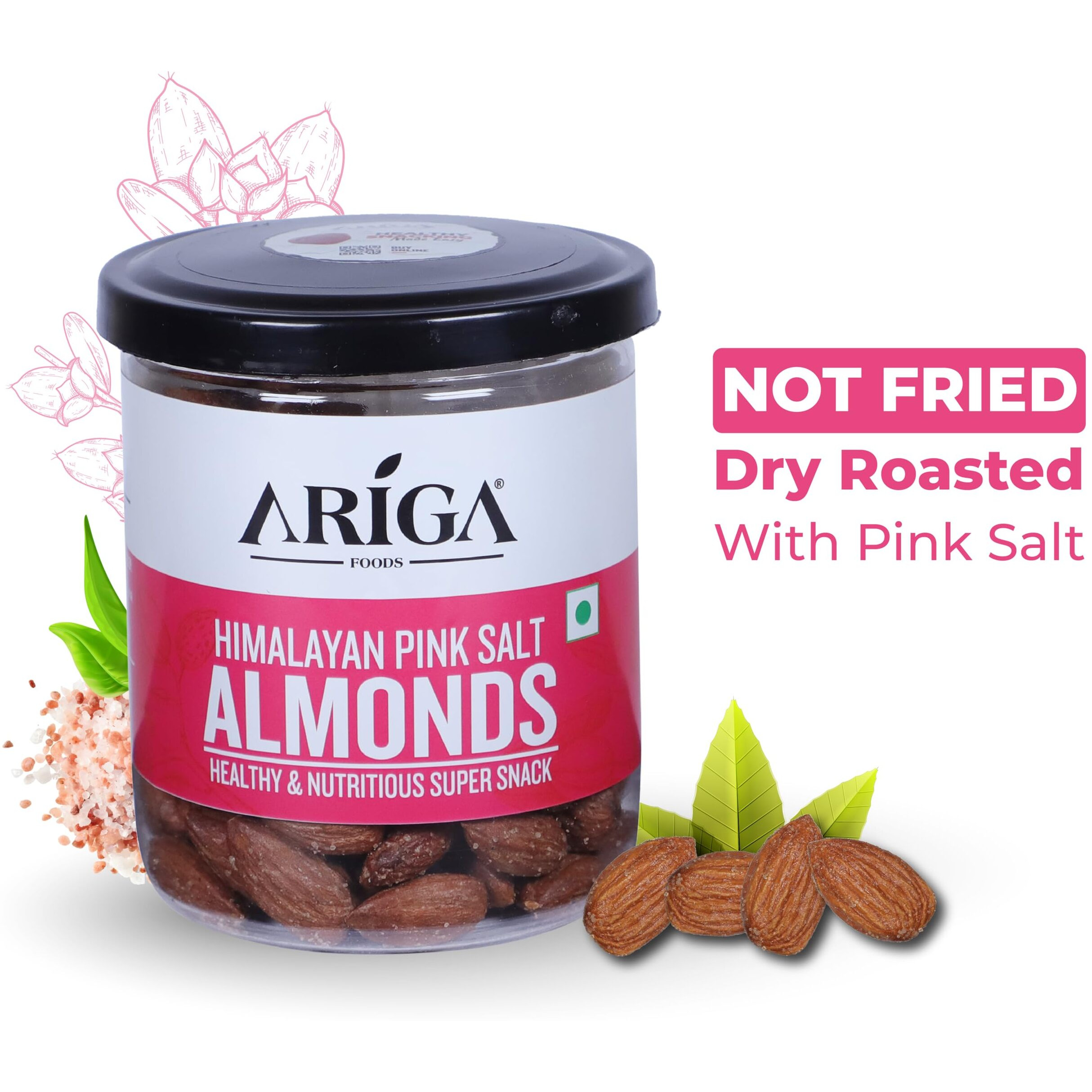 Ariga Foods Roasted Almonds Himalayan Pink Salt Flavoured Badam - Bold Size Rich in Protein and Increase Stamina | Real Nuts | Whole Natural Badam Dry Fruits (Size- 200g Pet Can)