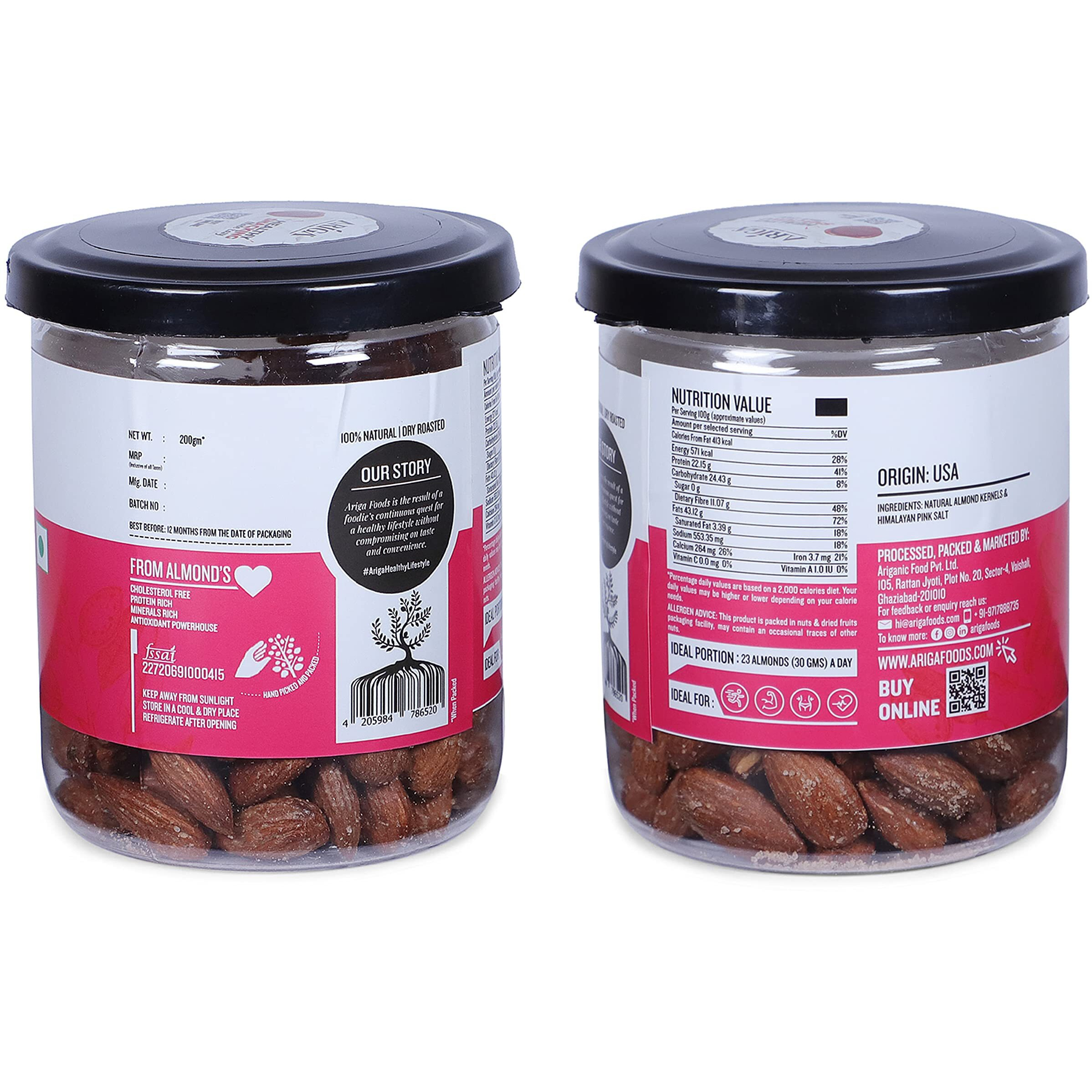 Ariga Foods Roasted Almonds Himalayan Pink Salt Flavoured Badam - Bold Size Rich in Protein and Increase Stamina | Real Nuts | Whole Natural Badam Dry Fruits (Size- 200g Pet Can)