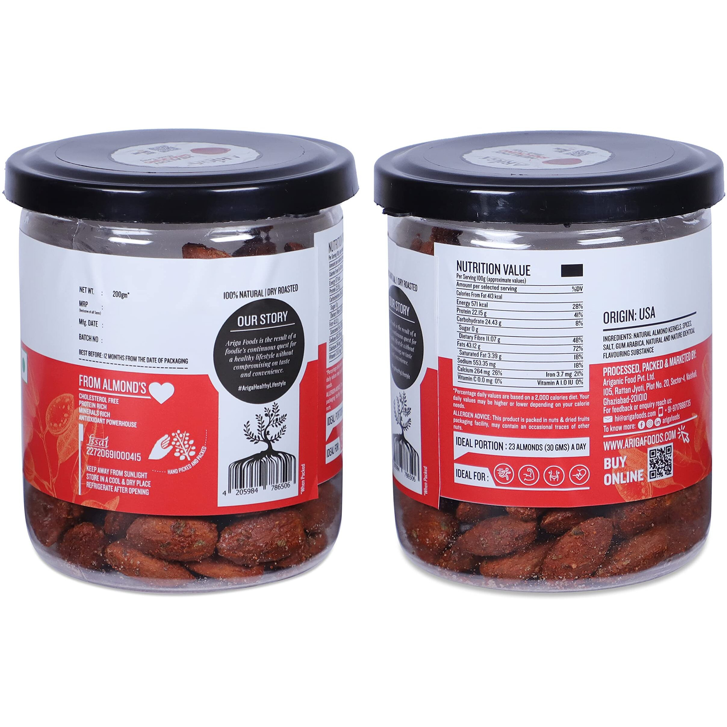 Ariga Foods Roasted Almonds Tandoori Flavoured Badam - Bold Size Rich in Protein and Increase Stamina | Real Nuts | Whole Natural Badam Dry Fruits (Pet Can 200g)
