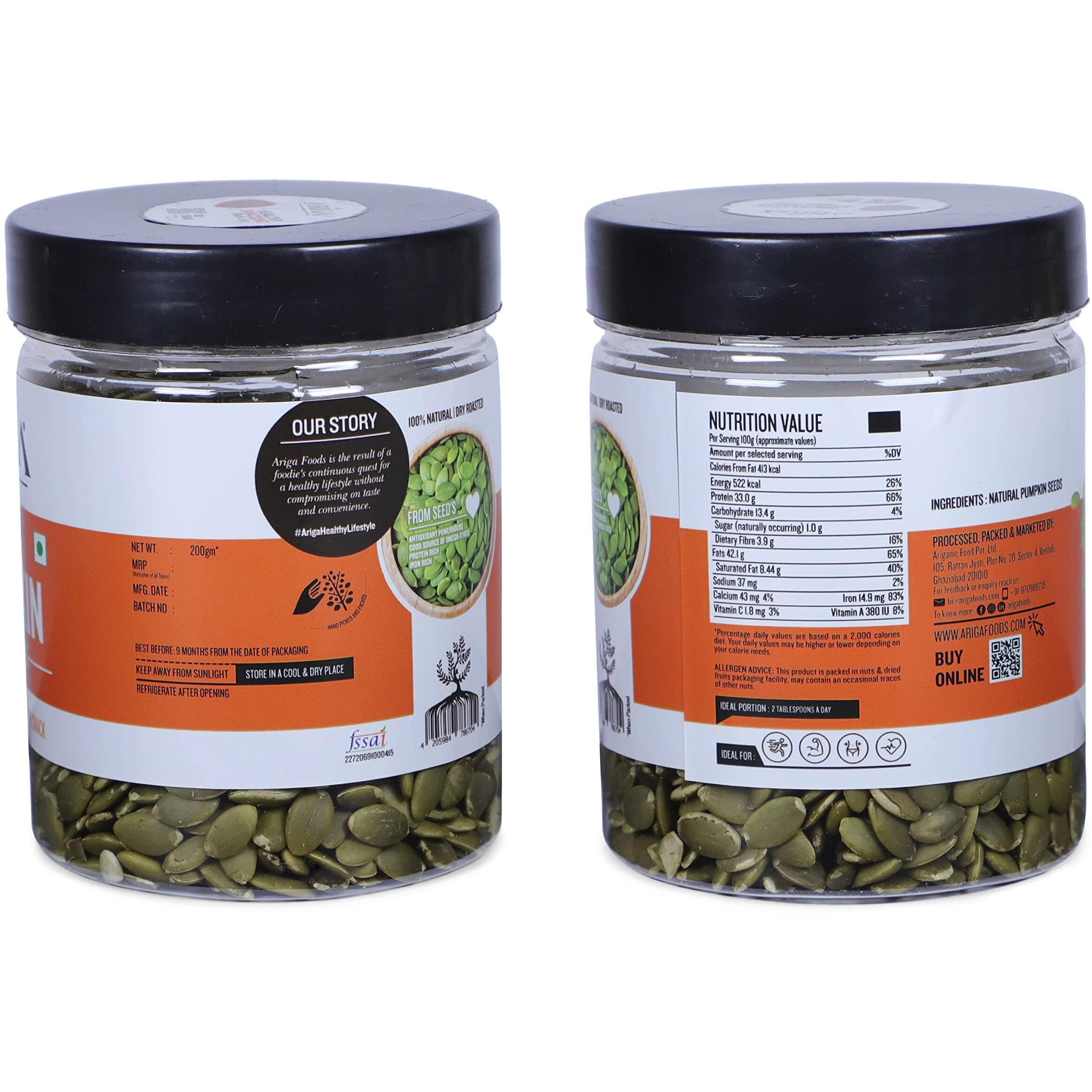 Ariga Foods Pumpkin Seeds Roasted Immunity Booster For Weight Loss in Pet Jar 200g | Rich Source of Omega 3 | Highly Nutritious Snack | Rich in Protein, Dietary Fibre, Zinc & Magnesium (200g)