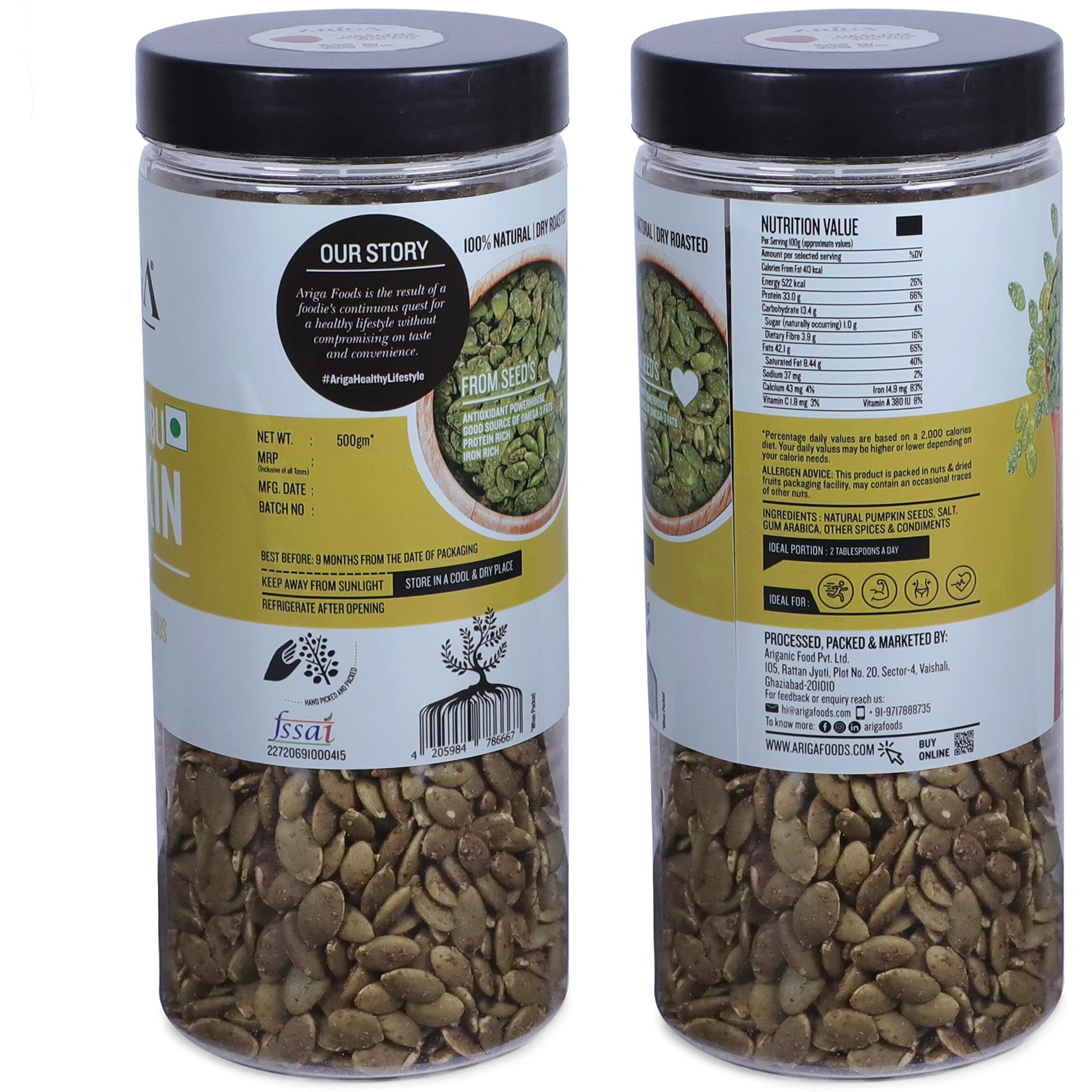 Ariga Foods Pumpkin Seeds For Weight Loss Roasted With Nimbu Immunity Booster in Pet Jar | Rich Source of Omega 3 | Highly Nutritious Snack | Rich in Protein, Dietary Fibre, Zinc & Magnesium 1kg (2x500g each)