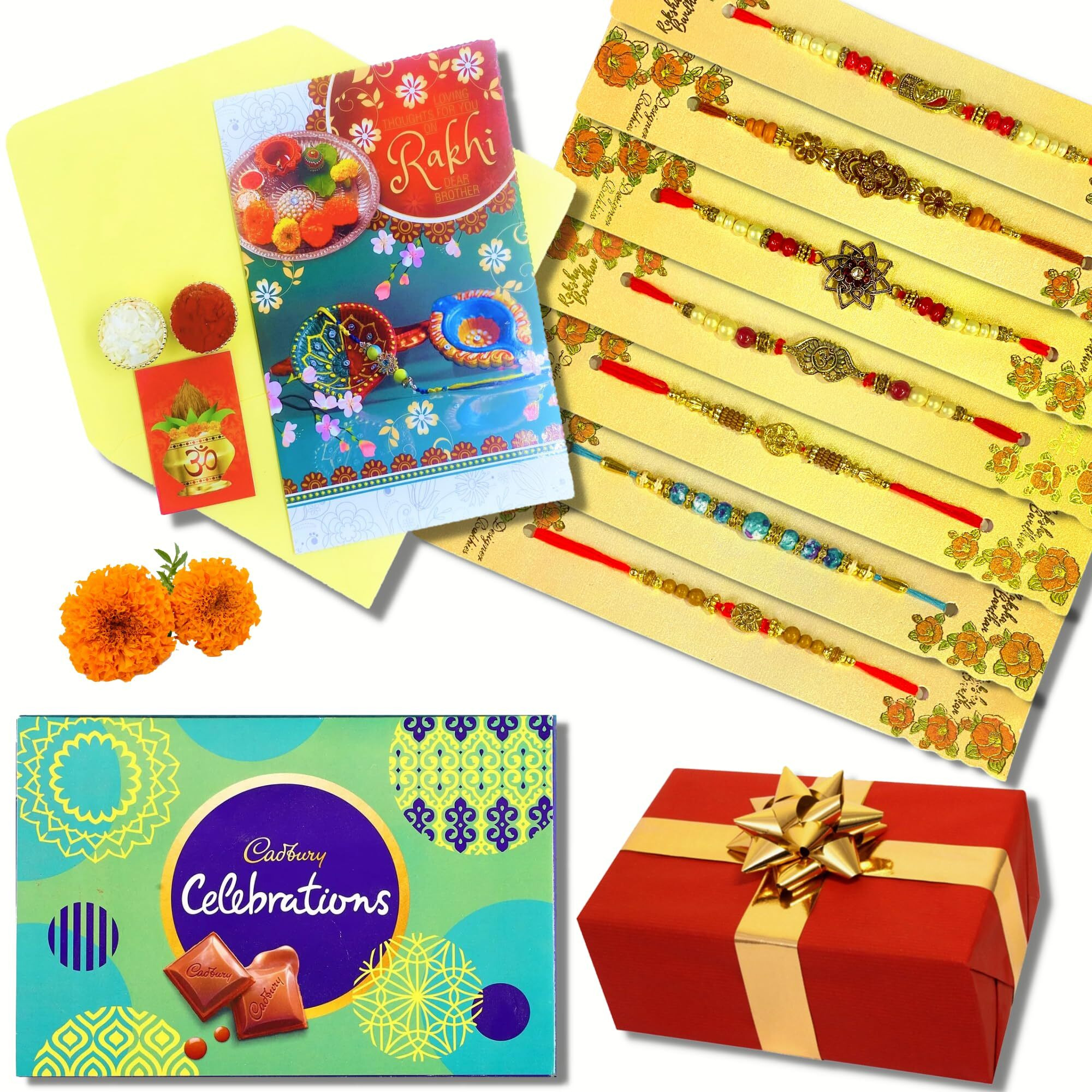 Almoda Creations 7 Pieces Handcrafted Rakhi Set for Brother With Cadbury Celebration Chocolates, Roli Moli, Kalawa, Personalized Message Rakhi Greeting Card, Rakhi Gift Box, 300 grams