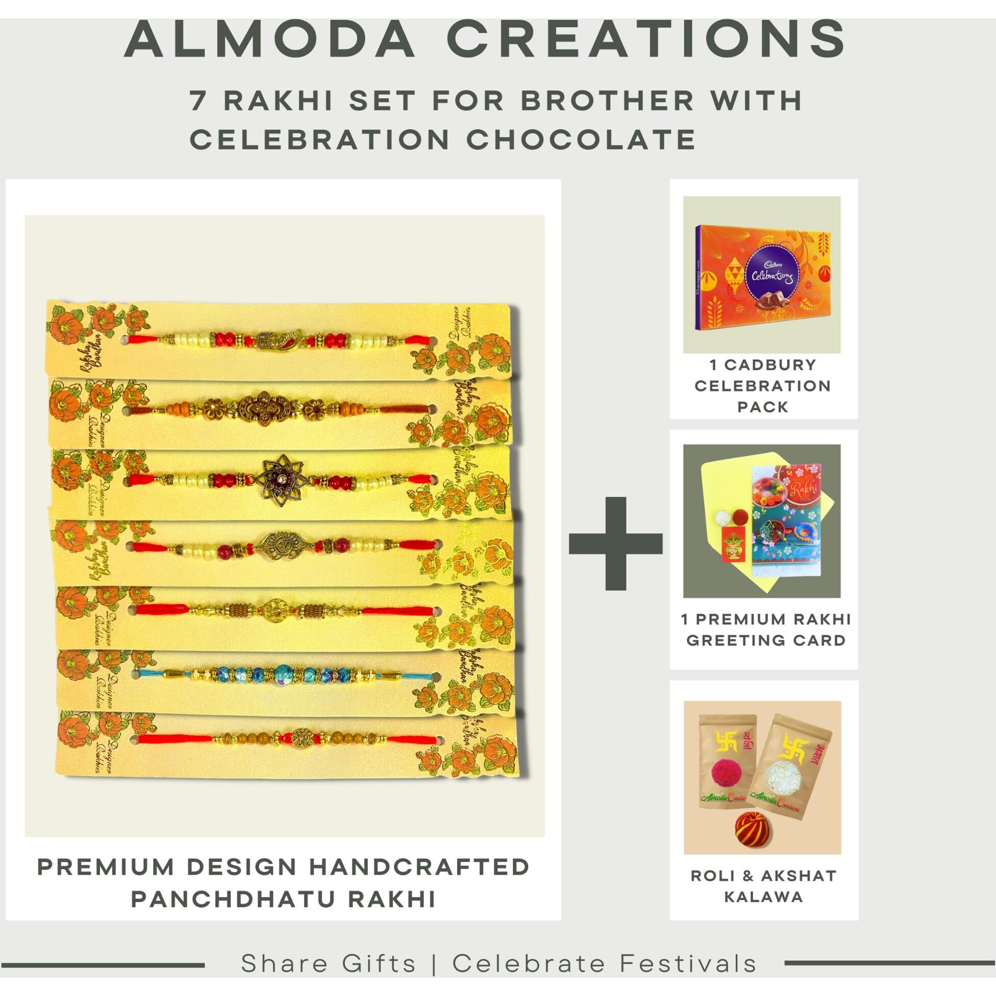 Almoda Creations 7 Pieces Handcrafted Rakhi Set for Brother With Cadbury Celebration Chocolates, Roli Moli, Kalawa, Personalized Message Rakhi Greeting Card, Rakhi Gift Box, 300 grams