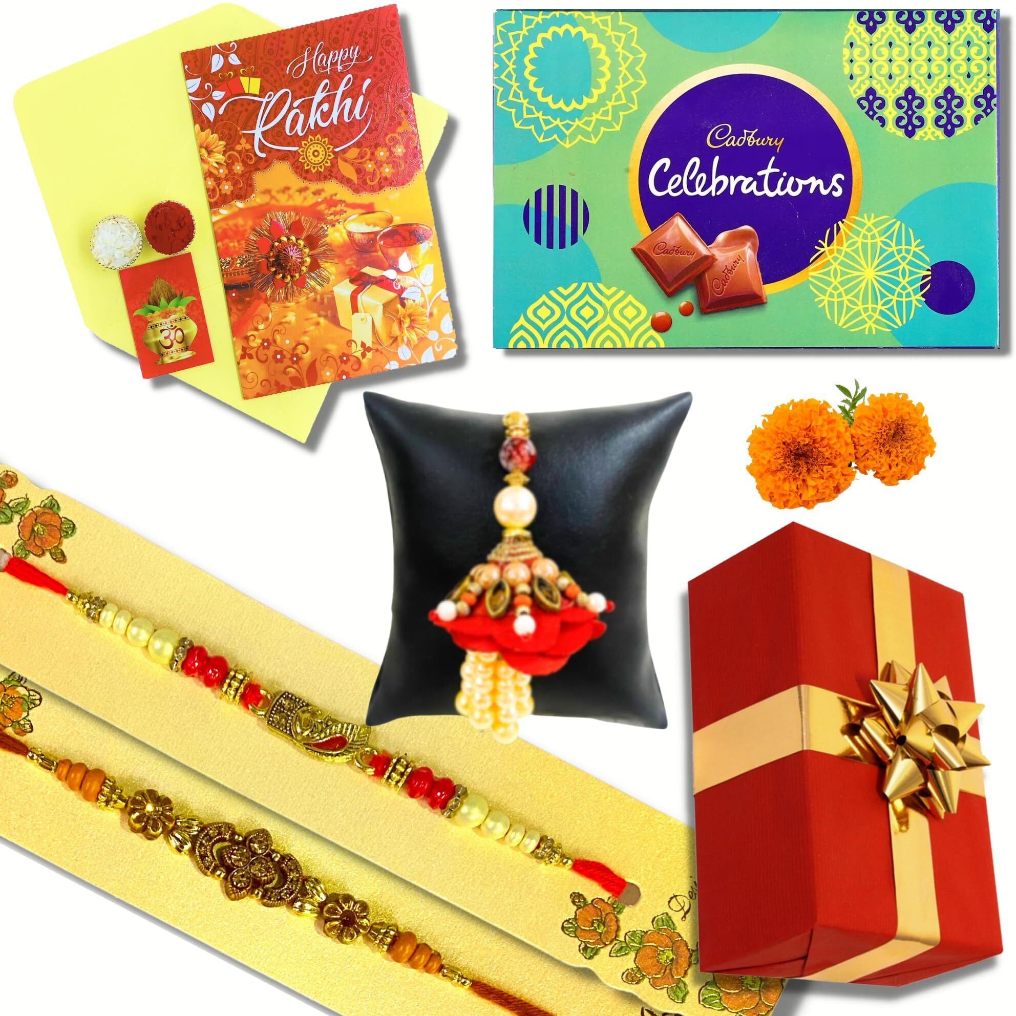 Almoda Creations 2 Panchdhatu Handcrafted Rakhi Set for Your Brother & Lumba for Bhabhi with Rakhi Greeting Card, Cadbury Celebration Box, Roli Moli, Kalawa, Rakhi Gift Box
