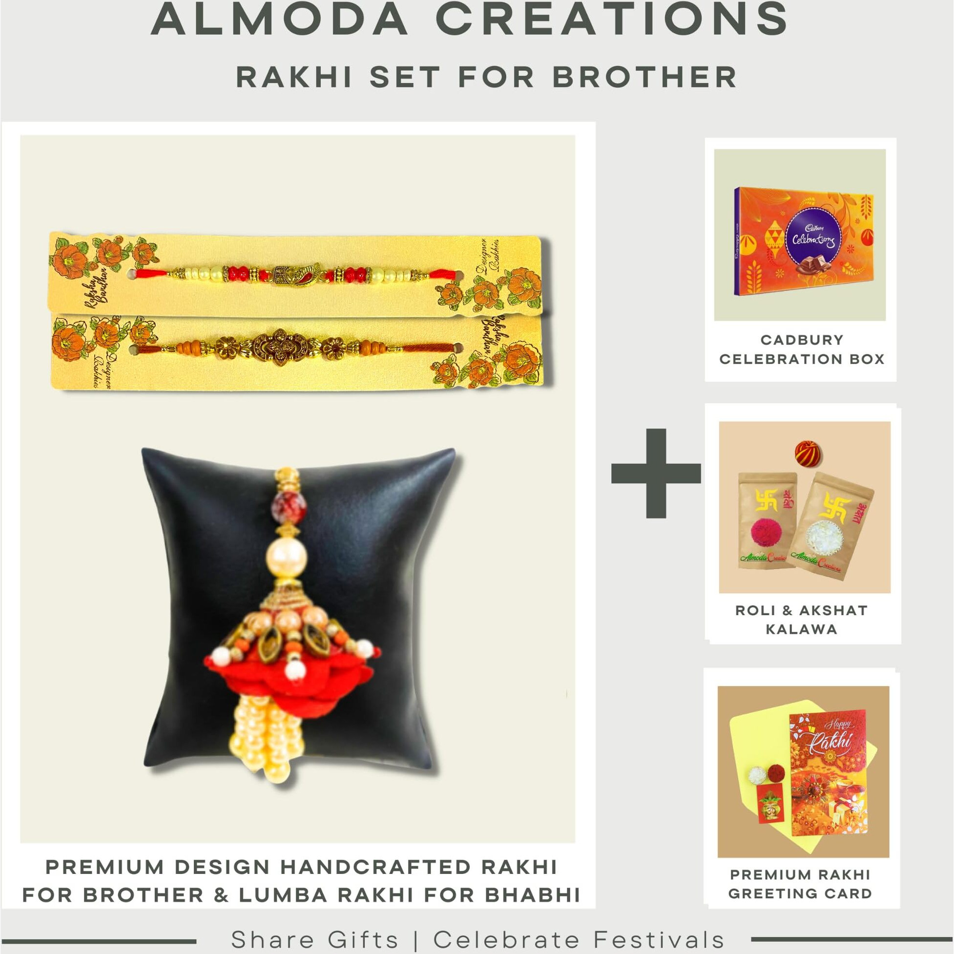 Almoda Creations 2 Panchdhatu Handcrafted Rakhi Set for Your Brother & Lumba for Bhabhi with Rakhi Greeting Card, Cadbury Celebration Box, Roli Moli, Kalawa, Rakhi Gift Box