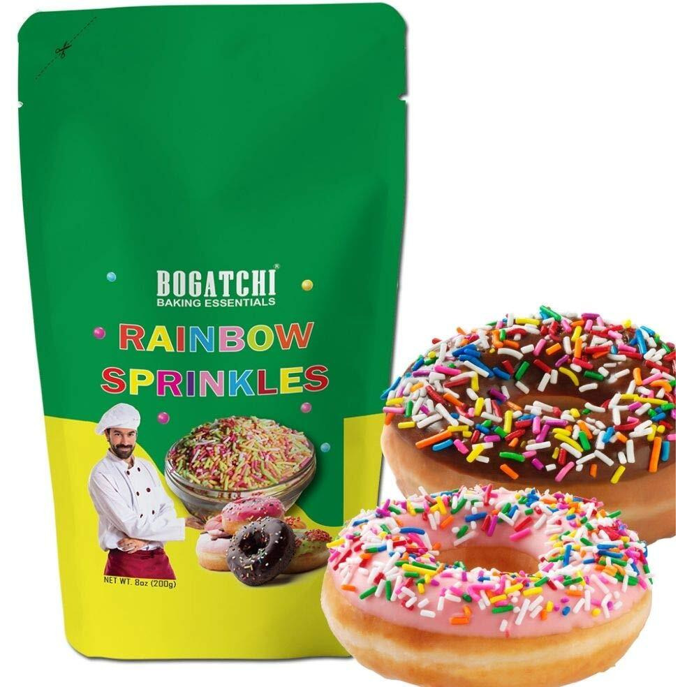 BOGATCHI Colorful Rainbow Sprinkles, Non GMO |Tasty | Gluten Free, Mixed Colorful Sprinkles for Cakes Decoration, Cup Cakes, Tarts, Muffins, Coffee, 200g, Free Measuring Spoon