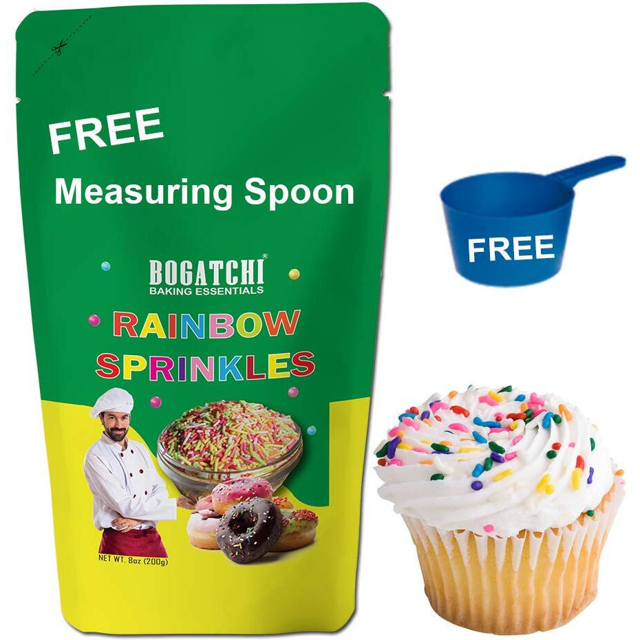 BOGATCHI Colorful Rainbow Sprinkles, Non GMO |Tasty | Gluten Free, Mixed Colorful Sprinkles for Cakes Decoration, Cup Cakes, Tarts, Muffins, Coffee, 200g, Free Measuring Spoon