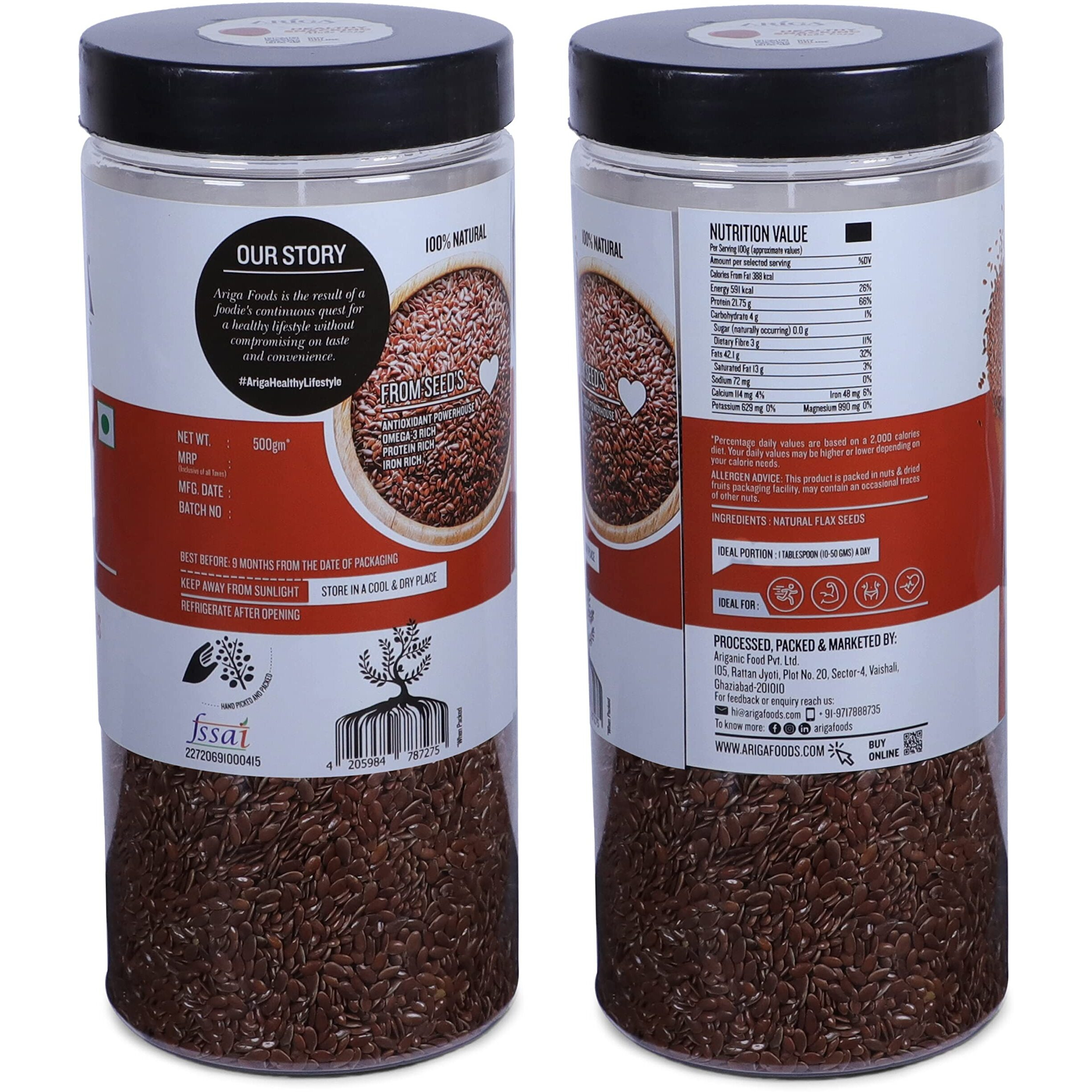 Ariga Foods Organic Raw Unroasted Flax Seeds For Weight Management | Rich in Omega-3 Fatty Acids, Proteins, Fibers and Minerals | Pet Jar 500g