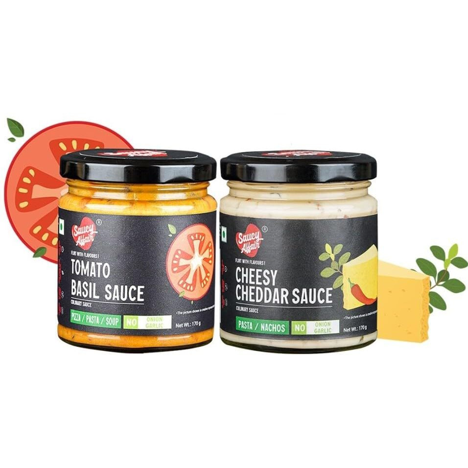 Saucy Affair NONG Cheesy Cheddar Sauce Ready to Eat White Sauce - 170g With Sweet Spicy & Tangy NONG Tomato Basil Sauce 170g Sauce Combo Tangy NONG Combo