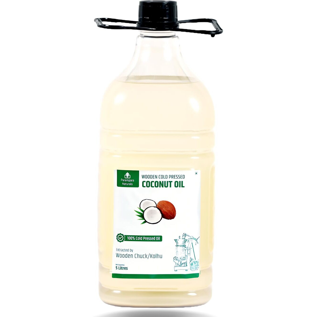 Parampara Naturals Coconut Oil Wooden Cold Pressed Virgin Coconut Oil Edible, Kohlu, Chuck Cold Press Extracted Oil for Cooking, Hair & Smooth Skin Moisturizer 5 Ltr