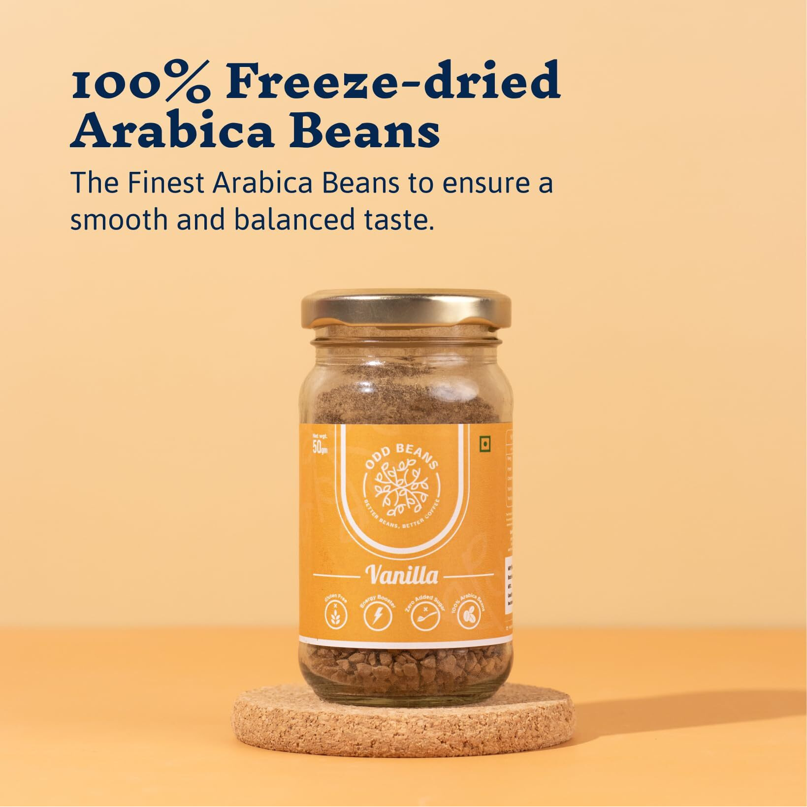 Odd Beans Premium Instant Coffee Powder | Rich Flavour and Aromatic, 100% Arabica Beans for Intense Cold & Black Coffee | No Chicory Added (Vanilla, 50 g)