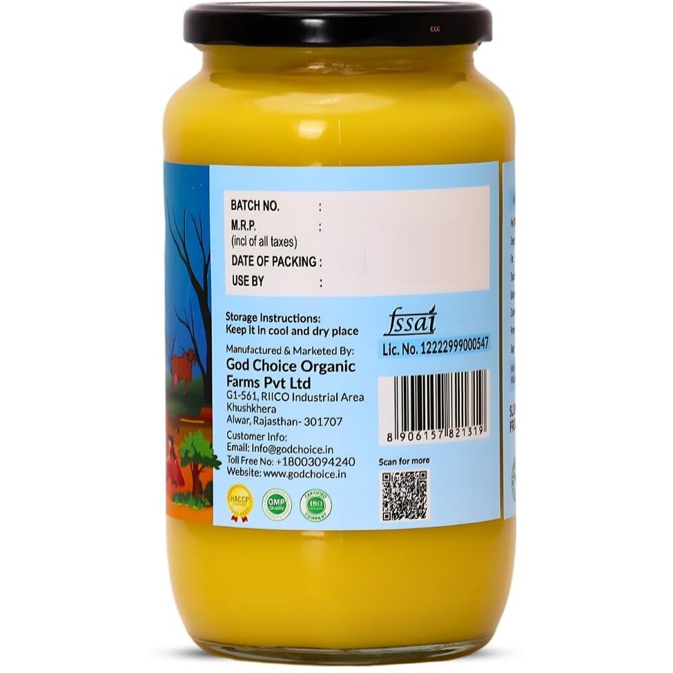 God Choice Organic Farms  Pure Full Moon A2 Desi Ghee 1 L | Cultured Desi Cow Ghee from Bilona Method | Curd Churned Organic Cow Ghee (Glass Jar)