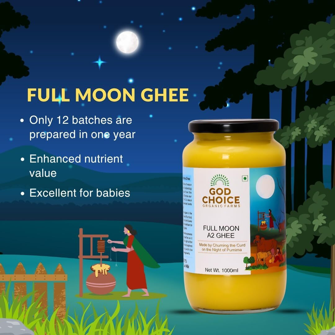 God Choice Organic Farms  Pure Full Moon A2 Desi Ghee 1 L | Cultured Desi Cow Ghee from Bilona Method | Curd Churned Organic Cow Ghee (Glass Jar)