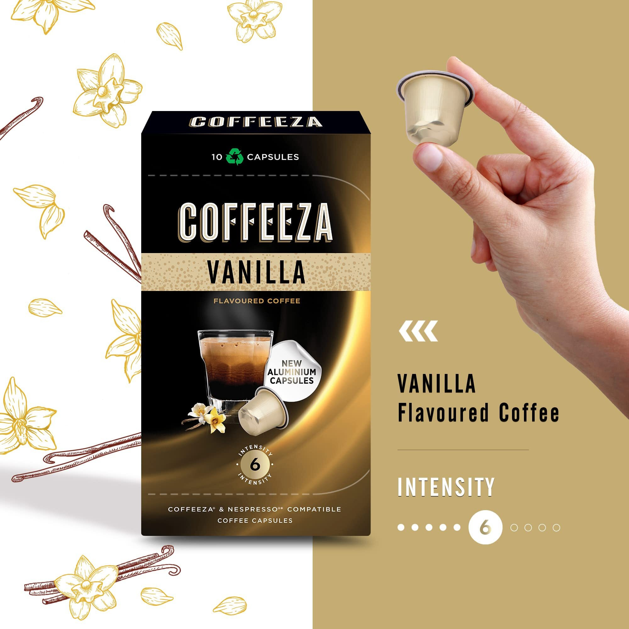 Coffeeza Vanilla Flavoured Coffee Capsules, Intensity - 6 |Aluminium Coffee Pods |100% Arabica Coffee | Box of 20 (200 Capsules)