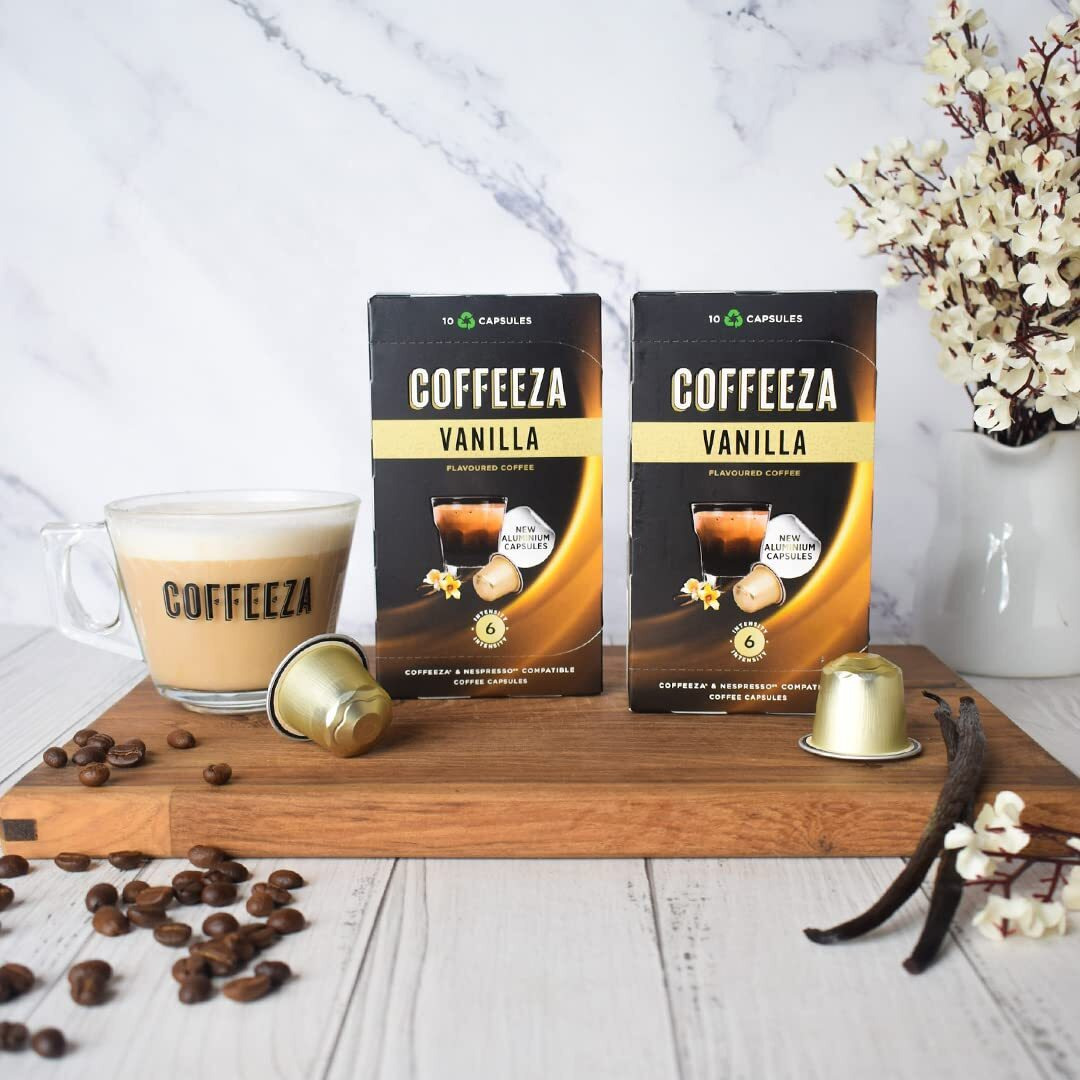 Coffeeza Vanilla Flavoured Coffee Capsules, Intensity - 6 |Aluminium Coffee Pods |100% Arabica Coffee | Box of 20 (200 Capsules)