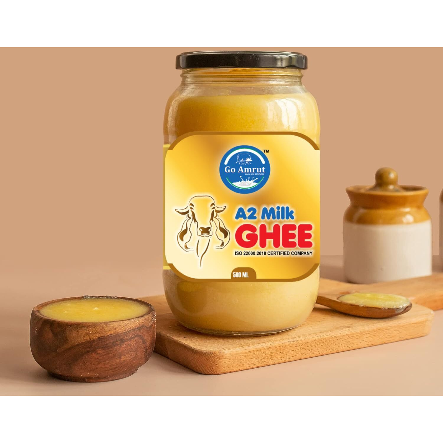 Go Amrut A2 Bilona Desi Cow Ghee - Vedic Bilona Method - Traditional Curd Churned - Organically Made A2 Cow Ghee - Grass Fed Gir Cow Ghee - Premium Desi Cow Ghee - Glass Jar (500 ML - PACK OF 4)