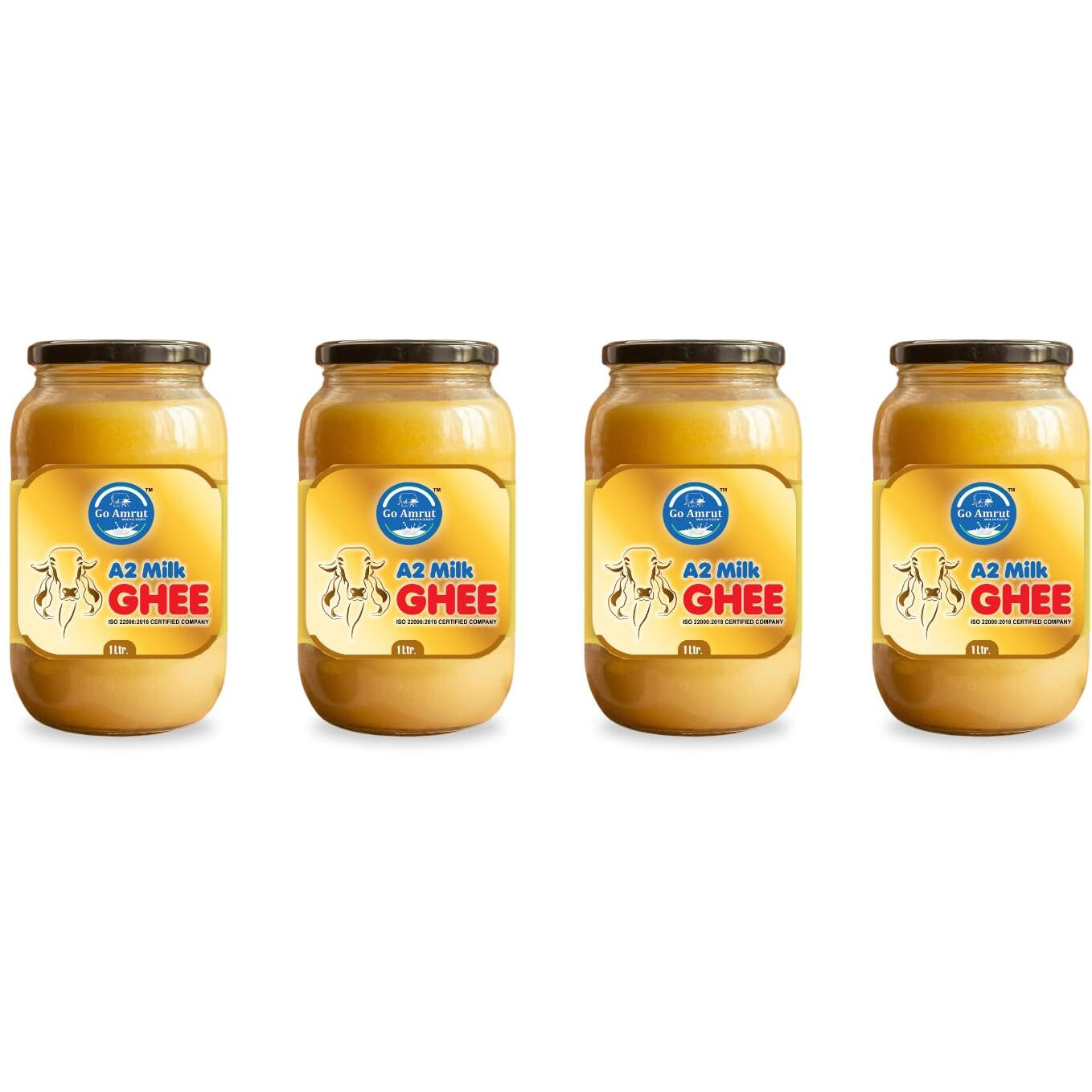 Go Amrut A2 Bilona Desi Cow Ghee - Vedic Bilona Method - Traditional Curd Churned - Organically Made A2 Cow Ghee - Grass Fed Gir Cow Ghee - Premium Desi Cow Ghee - Glass Jar (1000 ML - PACK OF 4)