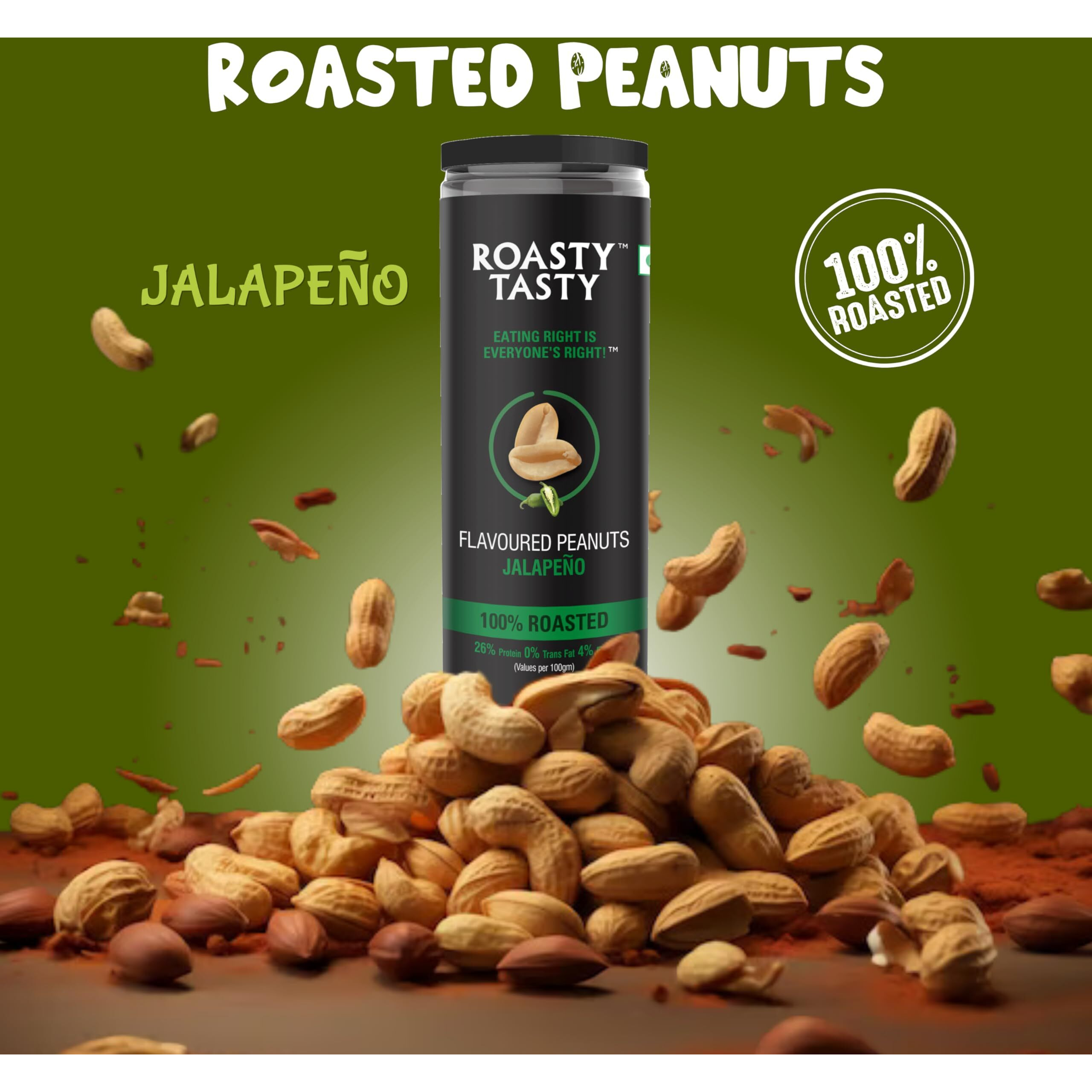Roasty Tasty Premium Jalapeno Flavour Roasted Peanuts | Healthy Snacks | Rich in Protein & Fibre | Roasted, Not Fried Snacks | Healthy Food | Gluten Free, Zero Cholesterol | Namkeen Peanuts | Crunchy Masala Peanuts | Pack of 2 (150g each)
