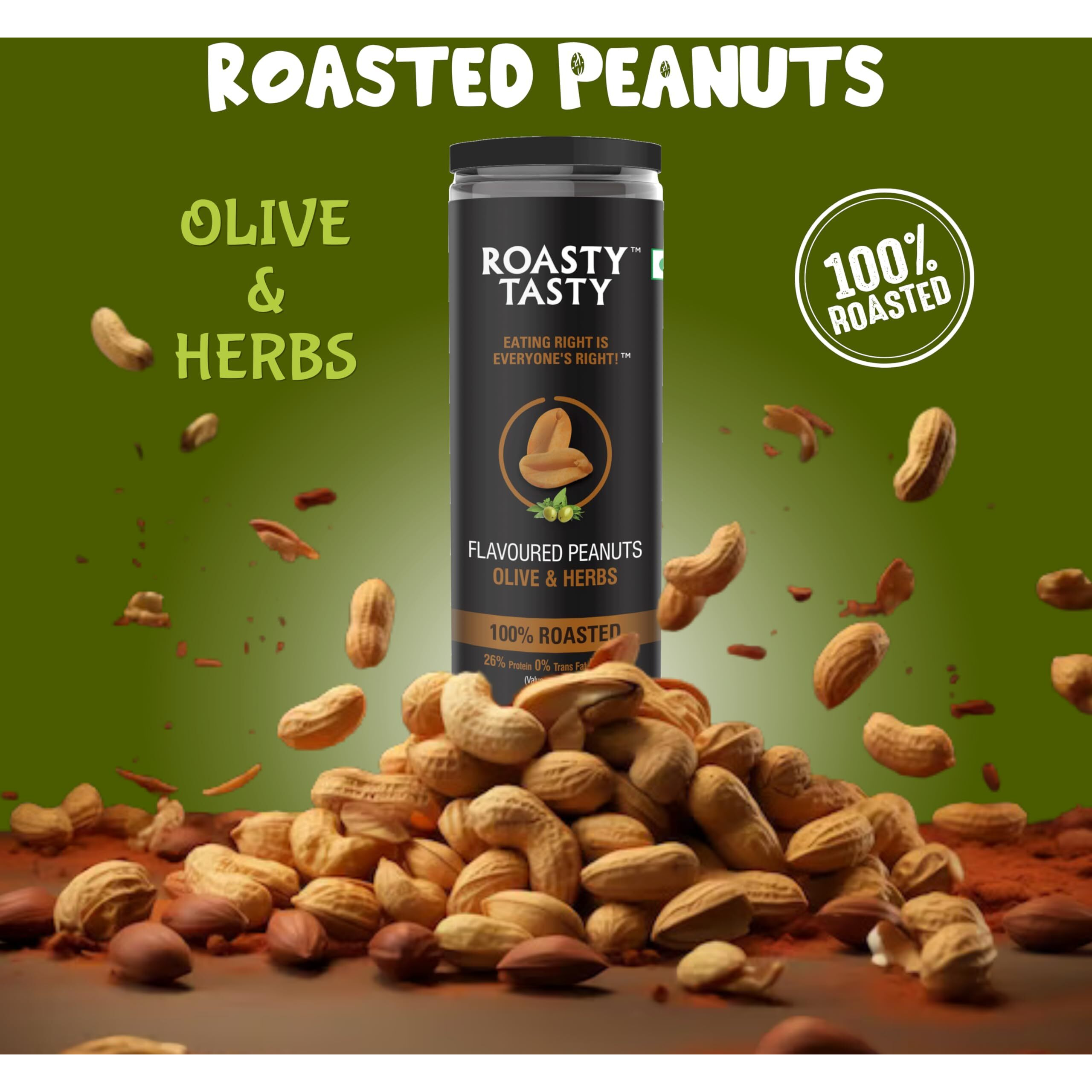 Roasty Tasty Premium Olive & Herbs Flavour Roasted Peanuts | Healthy Snacks | Rich in Protein & Fibre | Roasted, Not Fried Snacks | Healthy Food | Gluten Free, Zero Cholesterol | Namkeen Peanuts | Crunchy Masala Peanuts | Pack of 2 (150g each)