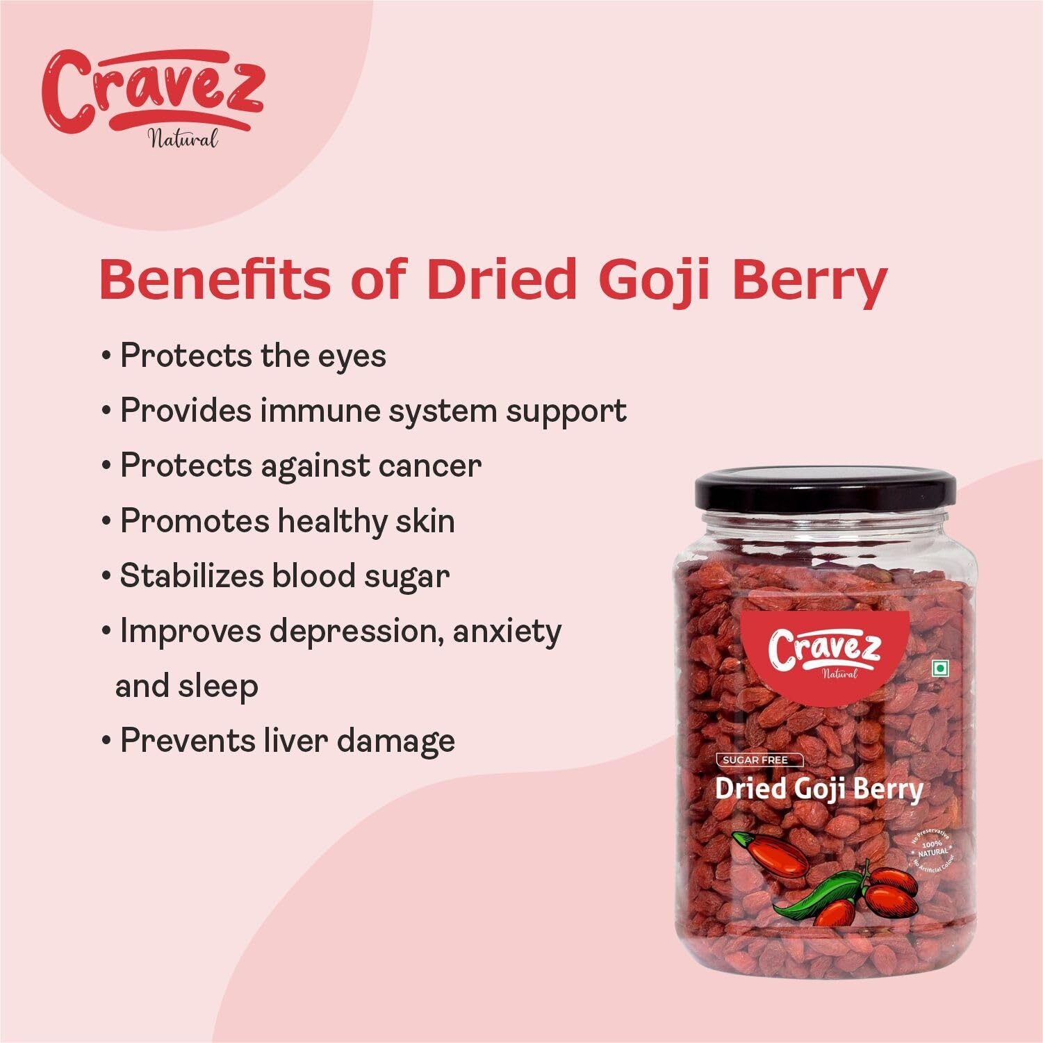 Cravez Premium Dried Goji Berries - 250G | Sugar Free Goji Berry Dry Fruit | High in Vitamin A | Rich in Antioxidants | Boosts Immunity | Aids in Weight Management | Toppings for Fruit Salads & More