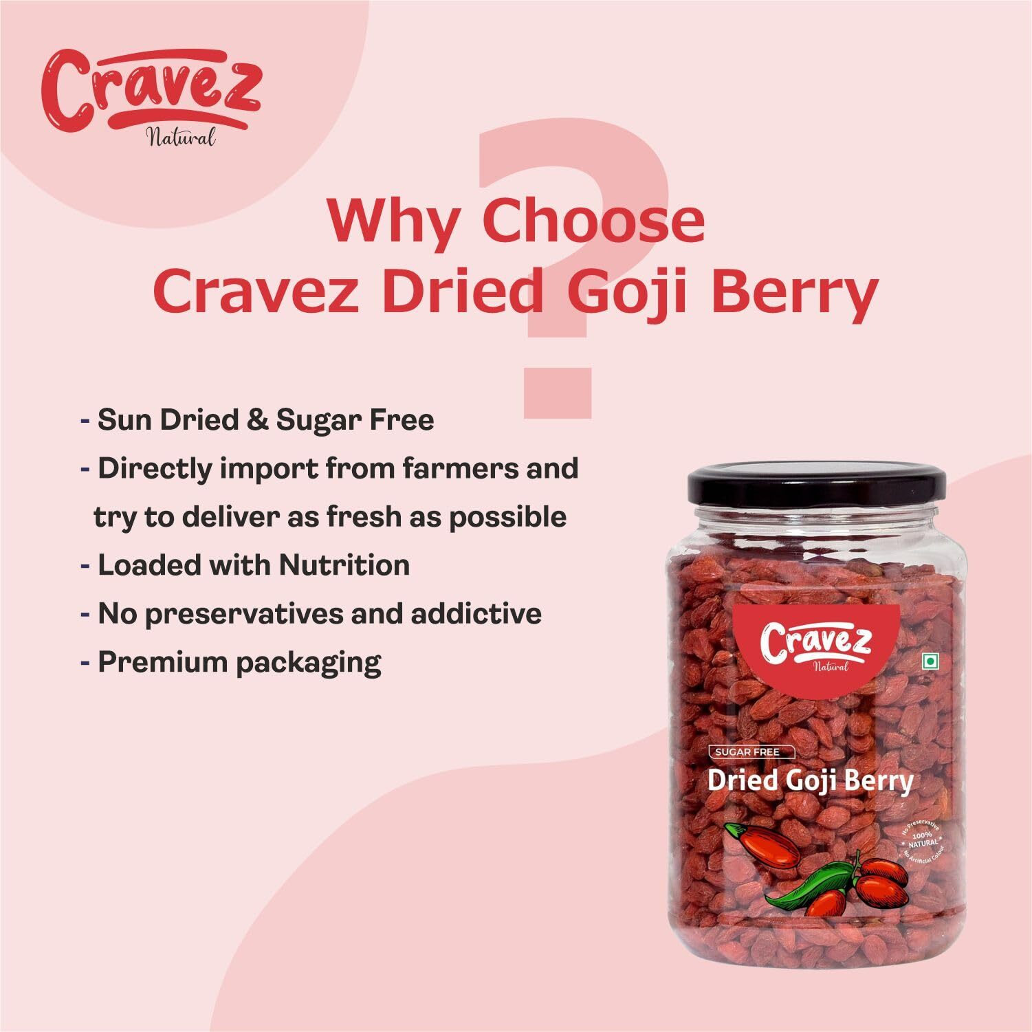 Cravez Premium Dried Goji Berries - 250G | Sugar Free Goji Berry Dry Fruit | High in Vitamin A | Rich in Antioxidants | Boosts Immunity | Aids in Weight Management | Toppings for Fruit Salads & More