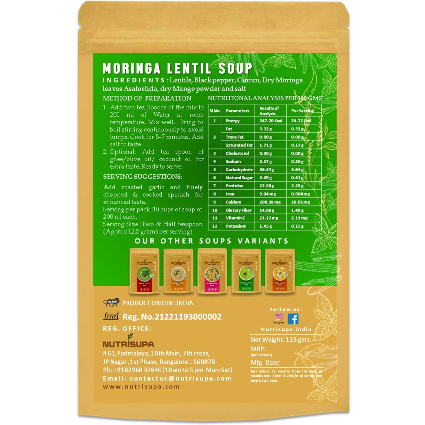 Nutrisupa Healthy Natural Vegan Plant Based| No Soy| No Diary| Fibre Rich| Cholesterol and Trans Fat Free| Ready to Make | for Immunity and Strength - Moringa Lentil Soup Mix| 10 Cups per Pack