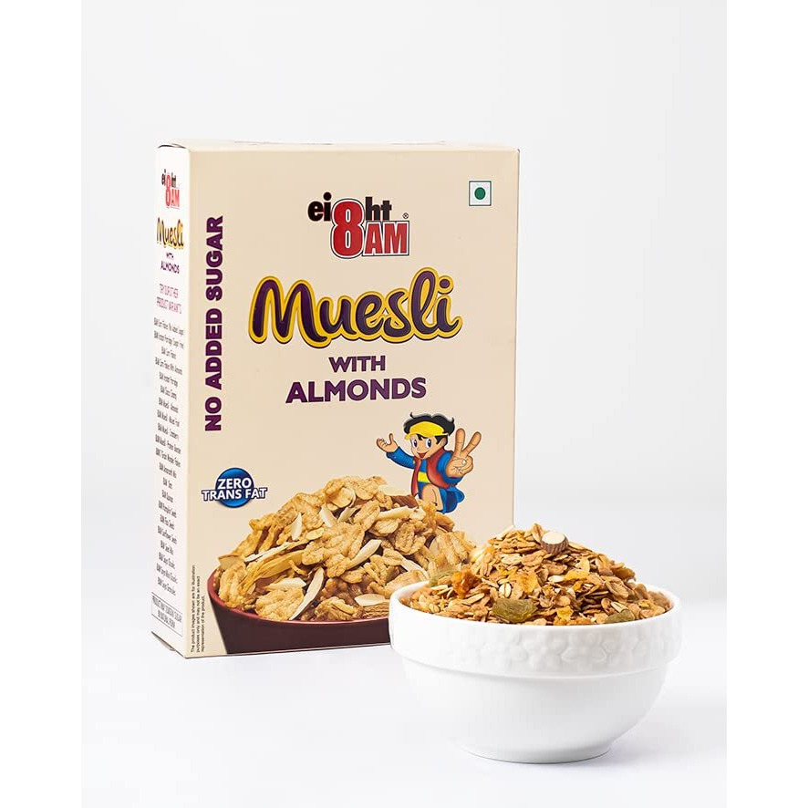 8AM Muesli with Almonds (No Added Sugar), Tasty, Nutritious and Healthy Snacks, Include Whole Grains and Seeds, 425 gm Set of 2
