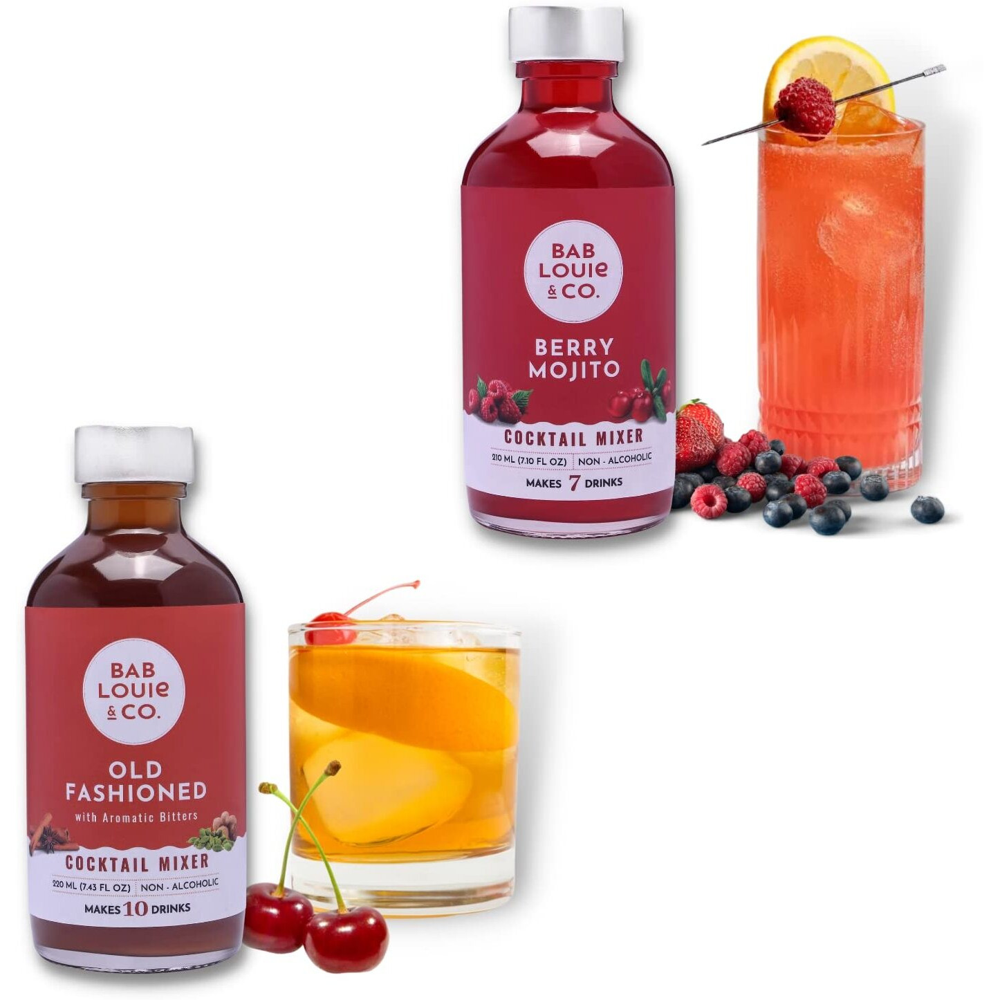 Bab Louie & Co. Cocktail Mixer Combo Old Fashioned & Berry Mojito, 100% Natural, Cocktail Mixer Combo, Cocktail and Mocktail Syrup, Cocktail mixer for Vodka, Gin, Whiskey (Pack of 2)